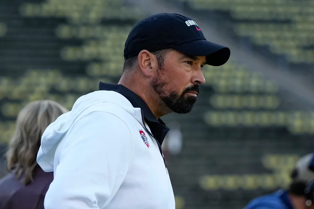 Ohio State Buckeyes head coach Ryan Day arrives at Autzen Stadium prior to the NCAA football game against the Oregon Ducks