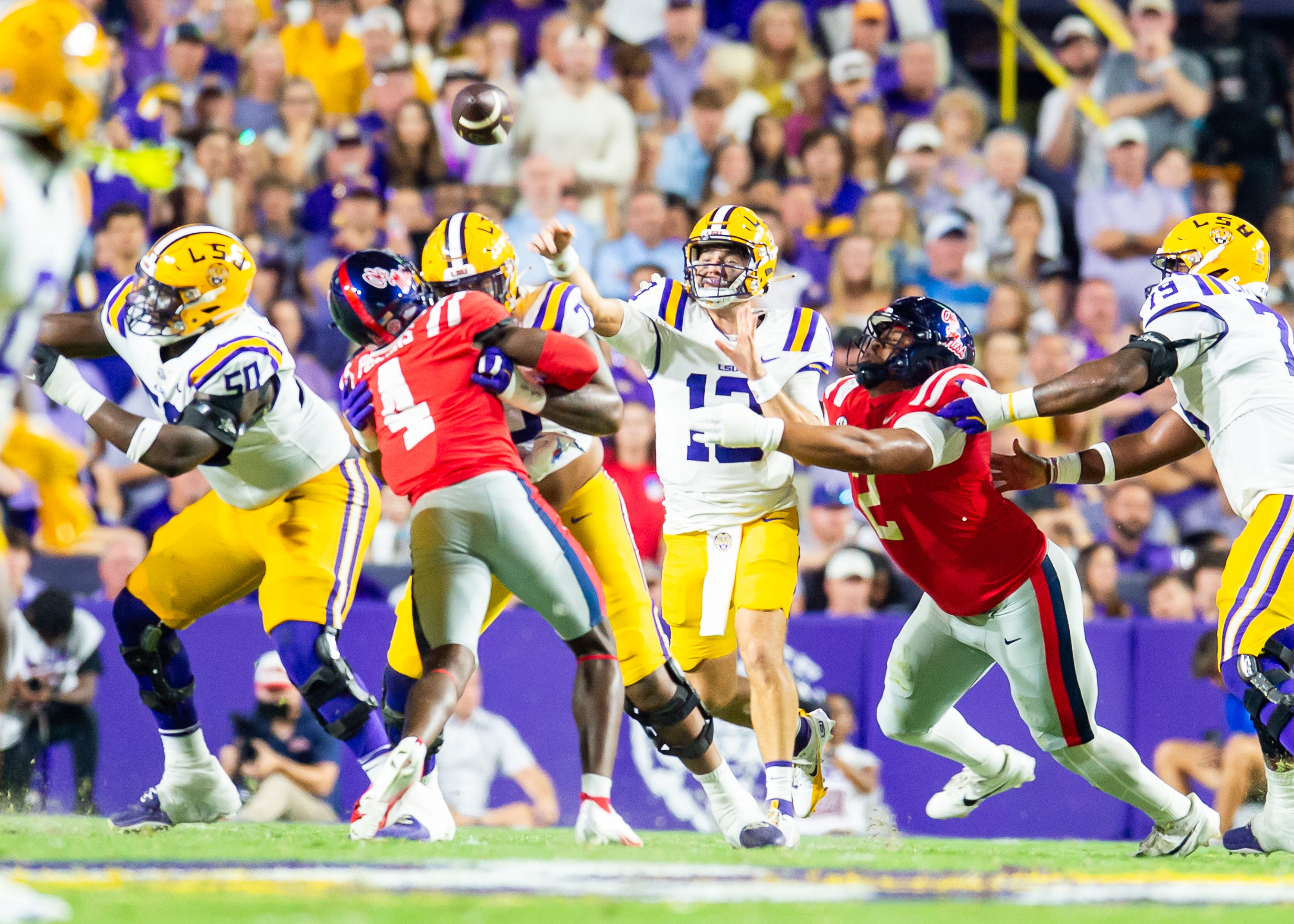 Garrett Nussmeier 13 throws a pass as the LSU Tigers take on the Ole Miss Rebels at Tiger Stadium in Baton Rouge, LA. Saturday, Oct. 12, 2024.