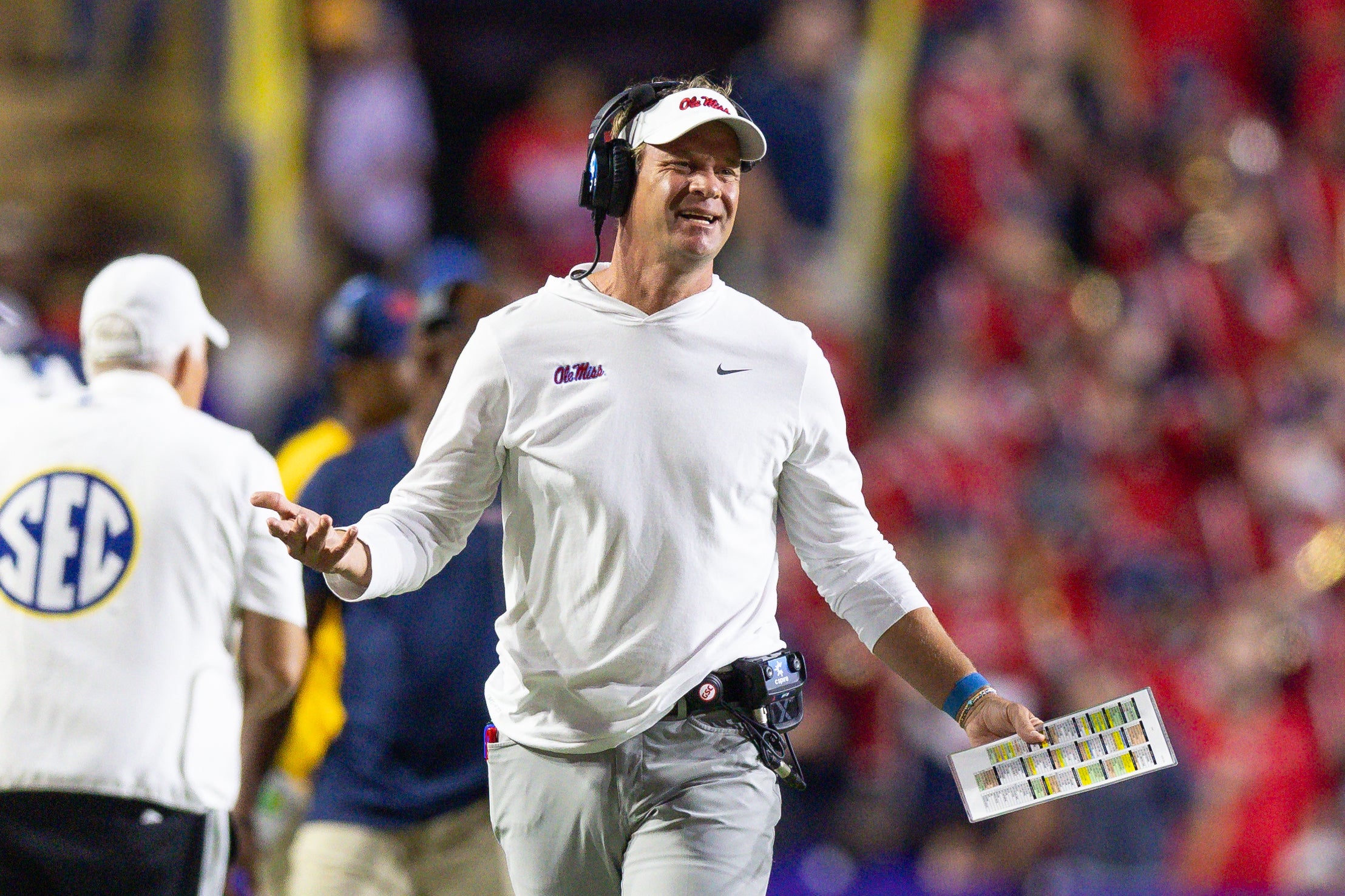 Oct 12, 2024; Baton Rouge, Louisiana, USA; Mississippi Rebels head coach Lane Kiffin reacts after a play against the LSU Tigers during the second half at Tiger Stadium.