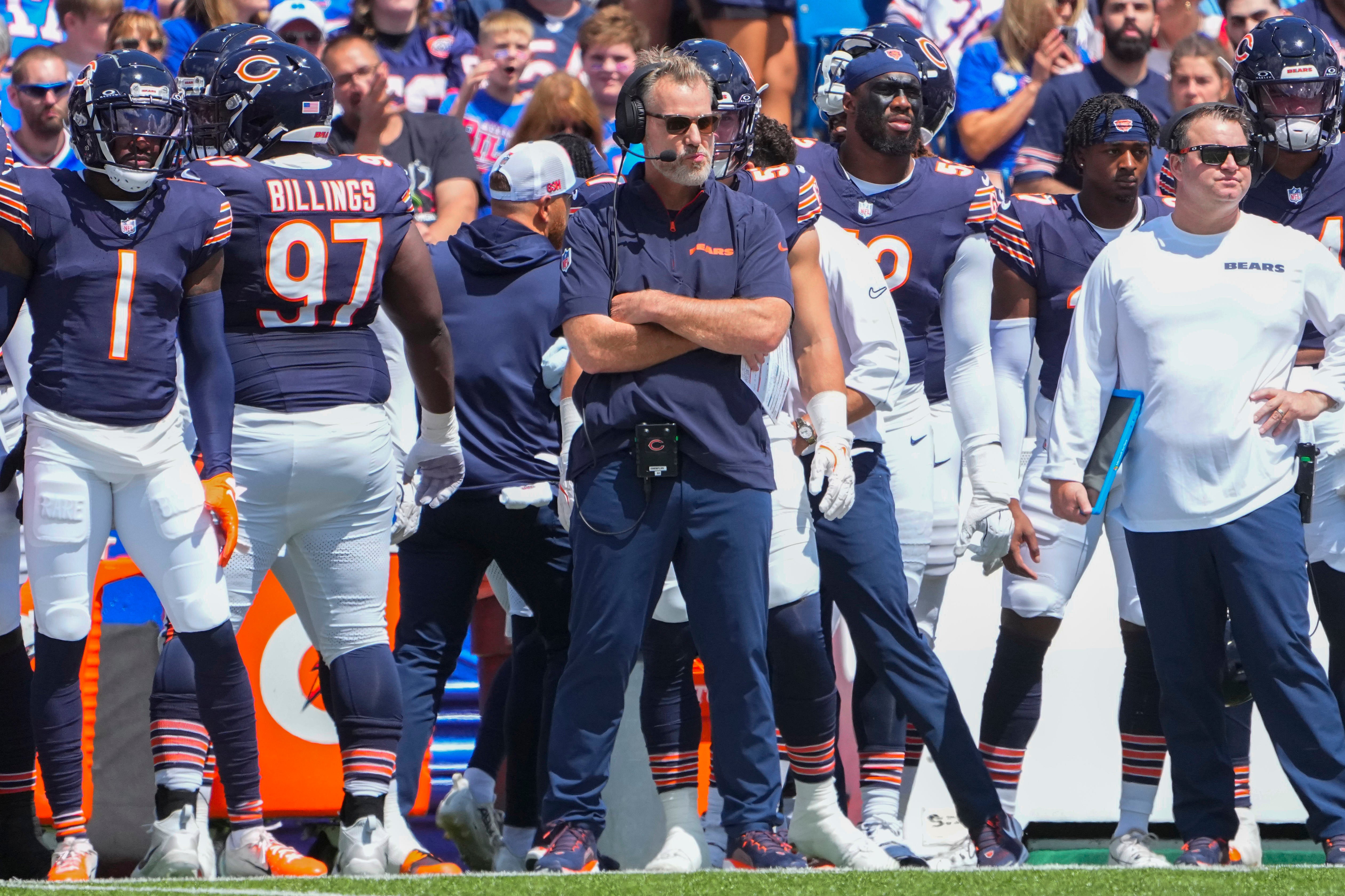 Aug 10, 2024; Orchard Park, New York, USA; Chicago Bears head coach Matt Eberflus looks on from the sidelines during the first half against the Buffalo Bills at Highmark Stadium.