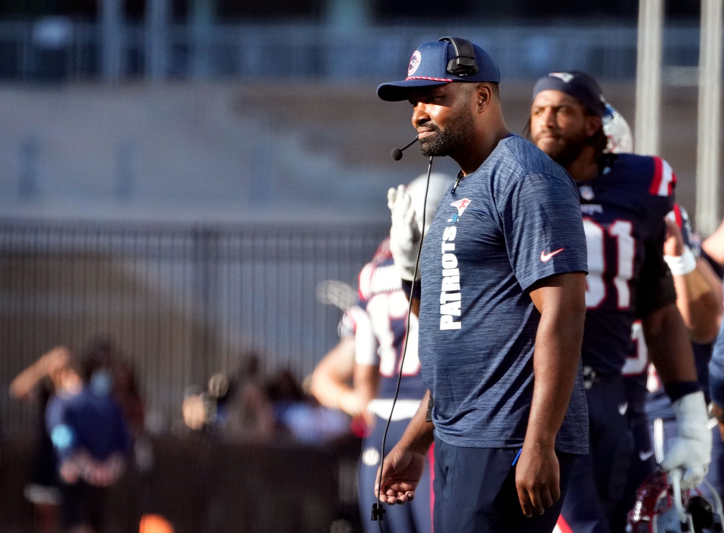 New England Patriots coach Jerod Mayo watching his team from the sidelines in the fourth quarter Sunday against the Dolphins.