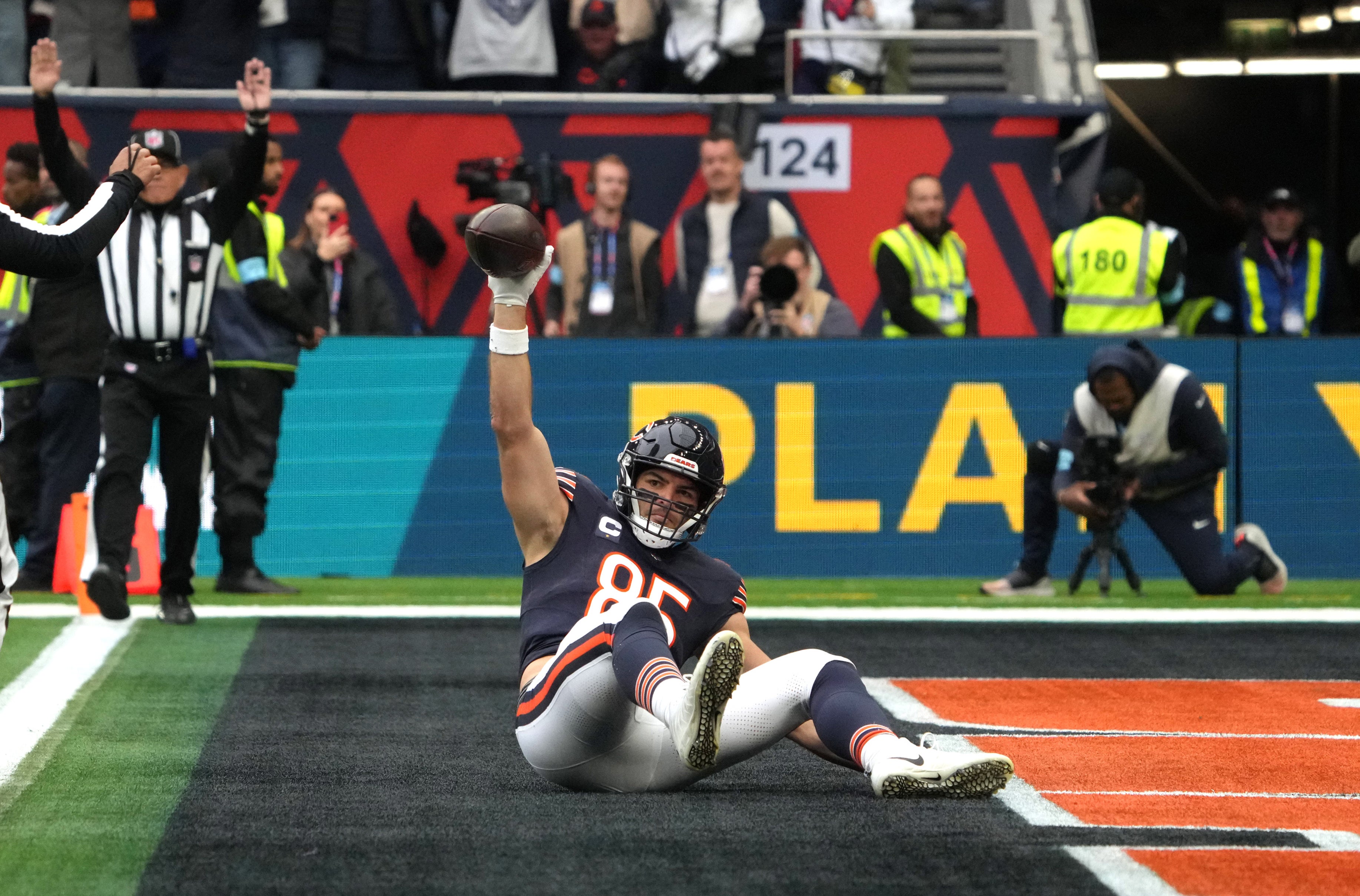 Oct 13, 2024; London, United Kingdom; Chicago Bears tight end Cole Kmet (85) celebrates after scoring on a 31-yard touchdown reception against the Jacksonville Jaguars in the first half during an NFL International Series game at Tottenham Hotspur Stadium.