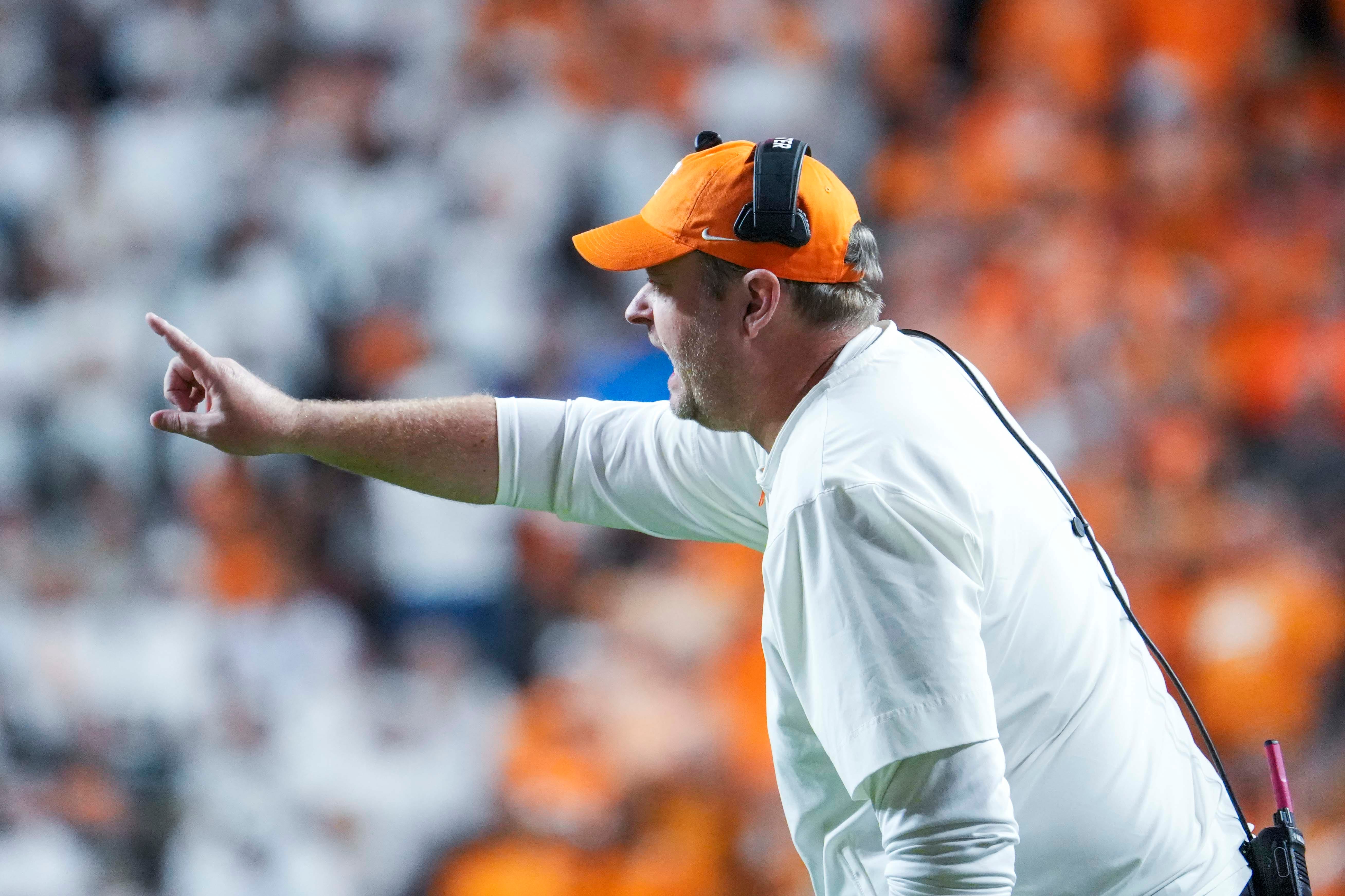 Tennessee head coach Josh Heupel points during a NCAA football game between Tennessee and Florida in Neyland Stadium, in Knoxville, Tenn., Oct. 12, 2024.