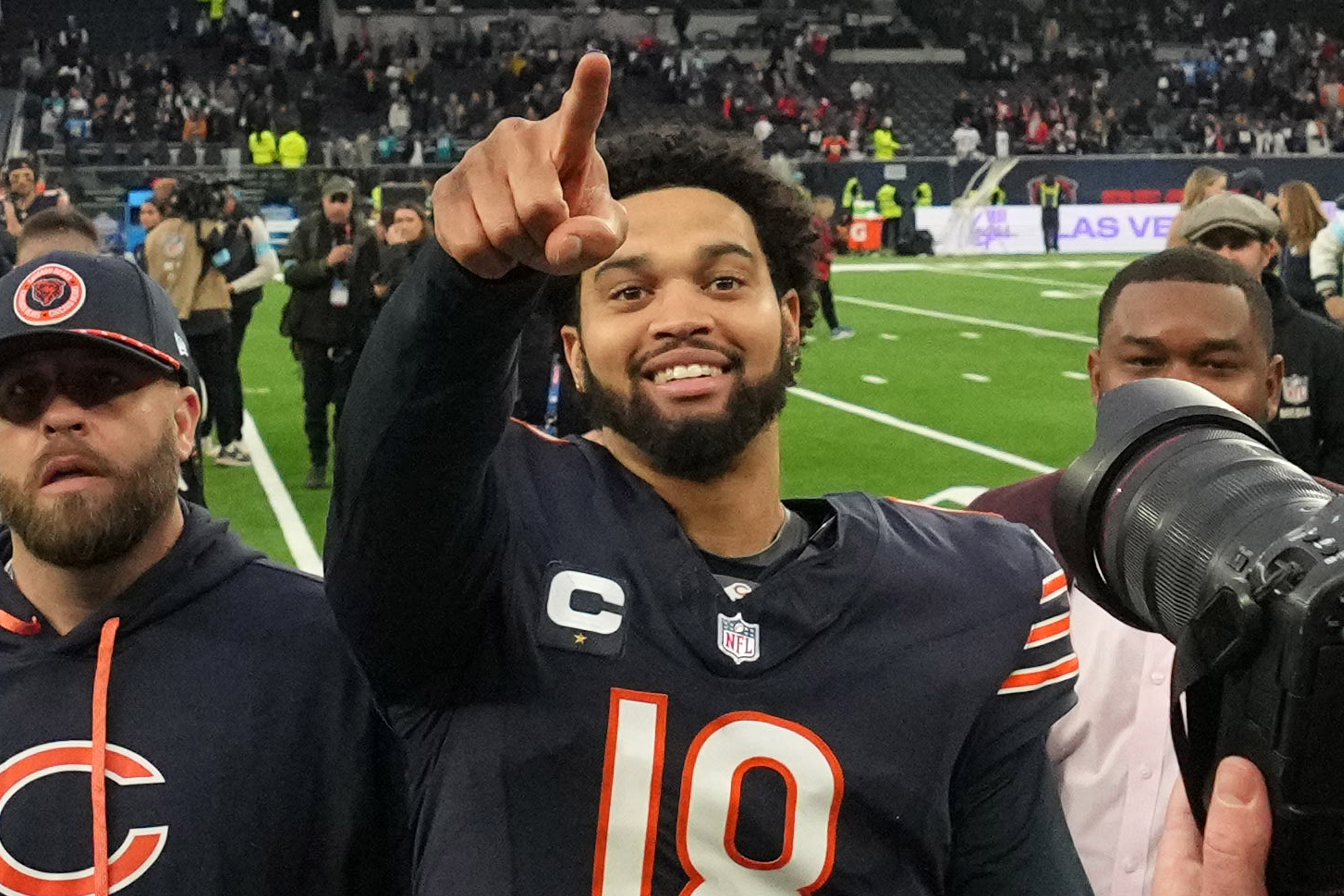 Oct 13, 2024; London, United Kingdom; Chicago Bears quarterback Caleb Williams (18) reacts after an NFL International Series game against the Jacksonville Jaguars at Tottenham Hotspur Stadium.