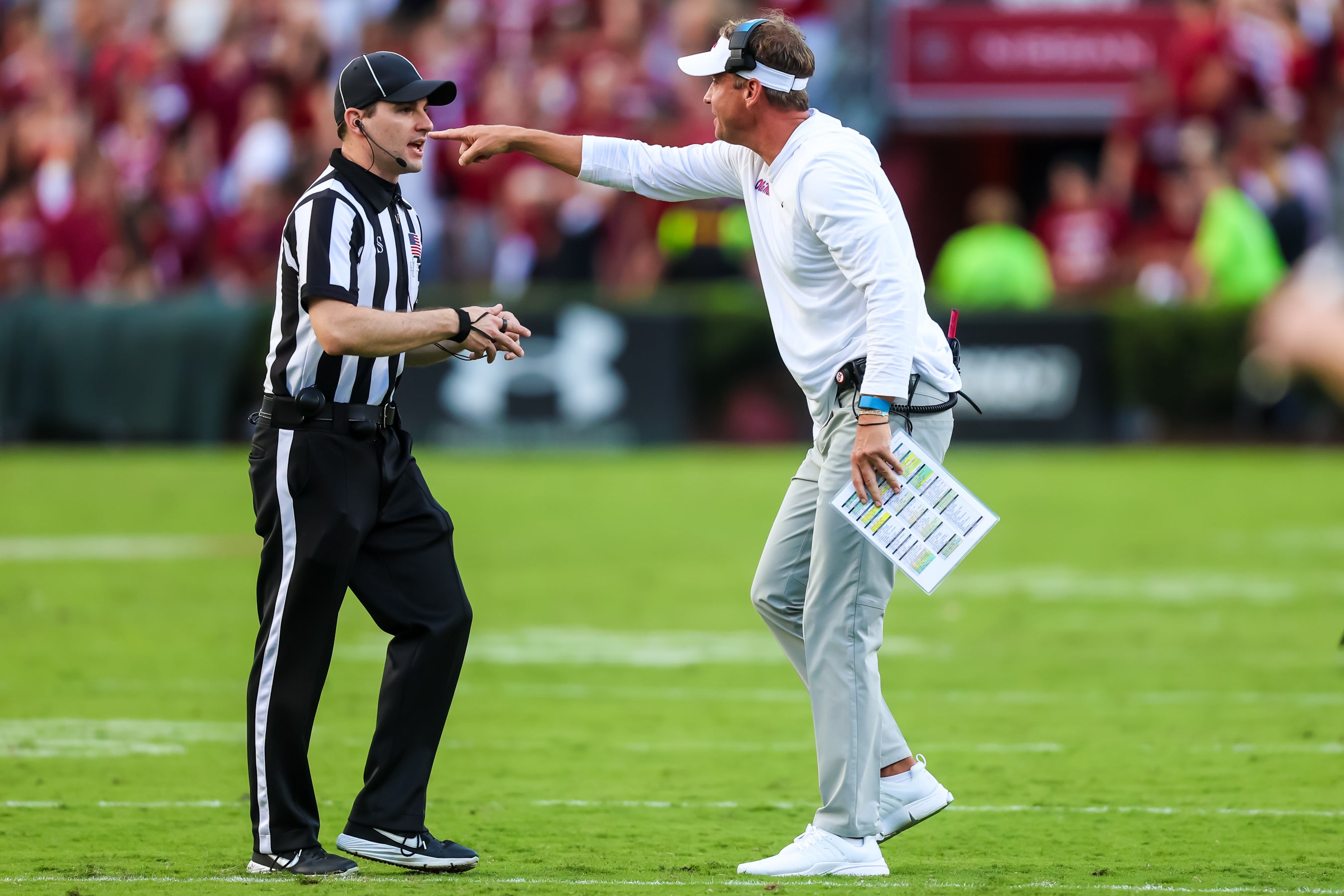 Mississippi Rebels head coach Lane Kiffin disputes a call against the South Carolina Gamecocks in the second half at Williams-Brice Stadium.