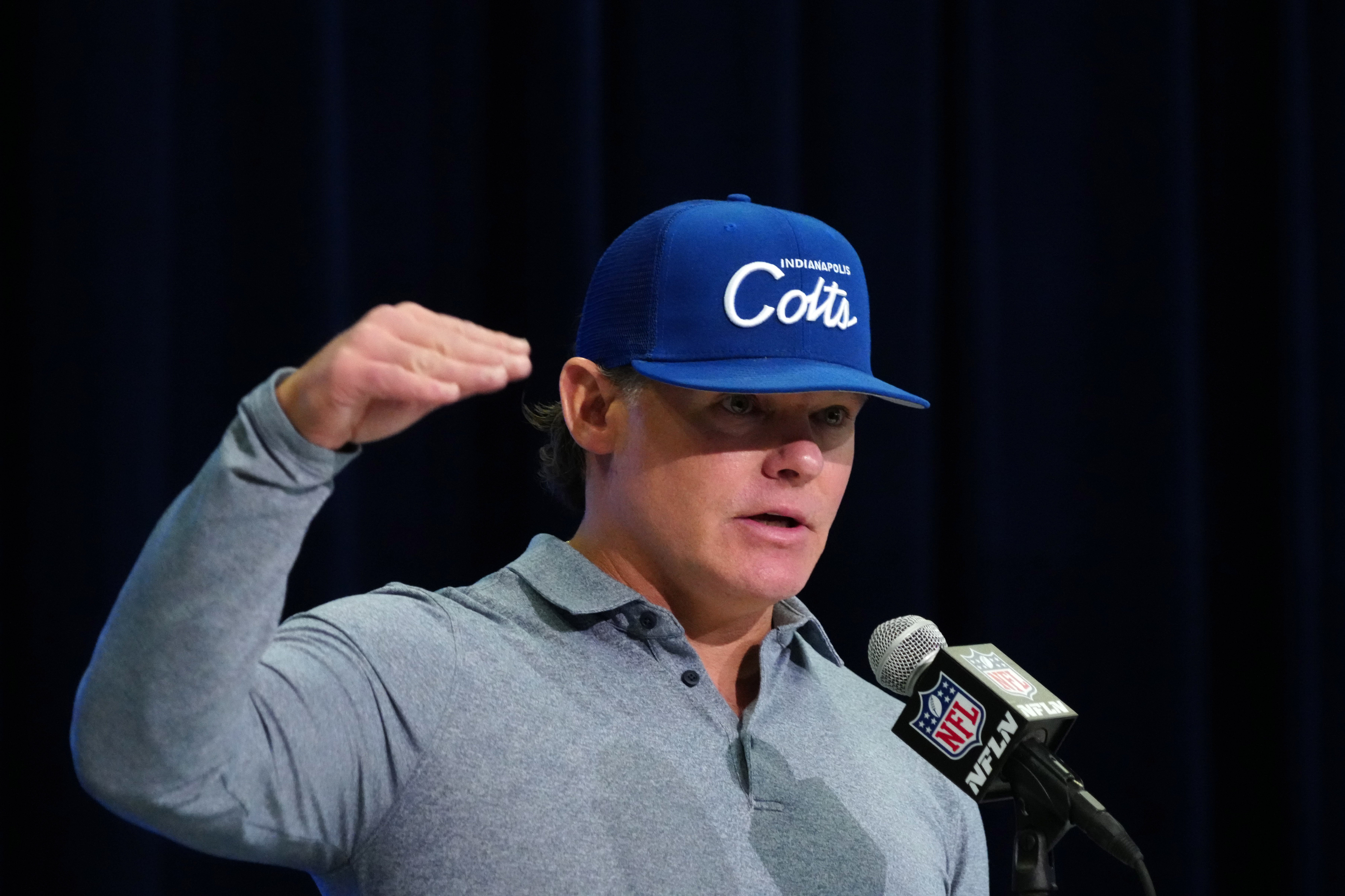 Feb 28, 2024; Indianapolis, IN, USA; Indianapolis Colts general manager Chris Ballard speaks at a press conference at the NFL Scouting Combine at Indiana Convention Center.