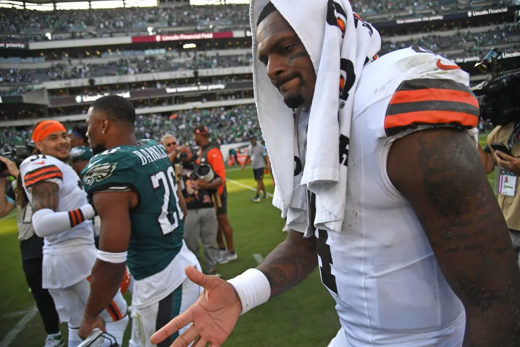 Cleveland Browns quarterback Deshaun Watson (4) on the field after loss to the Philadelphia Eagles at Lincoln Financial Field.