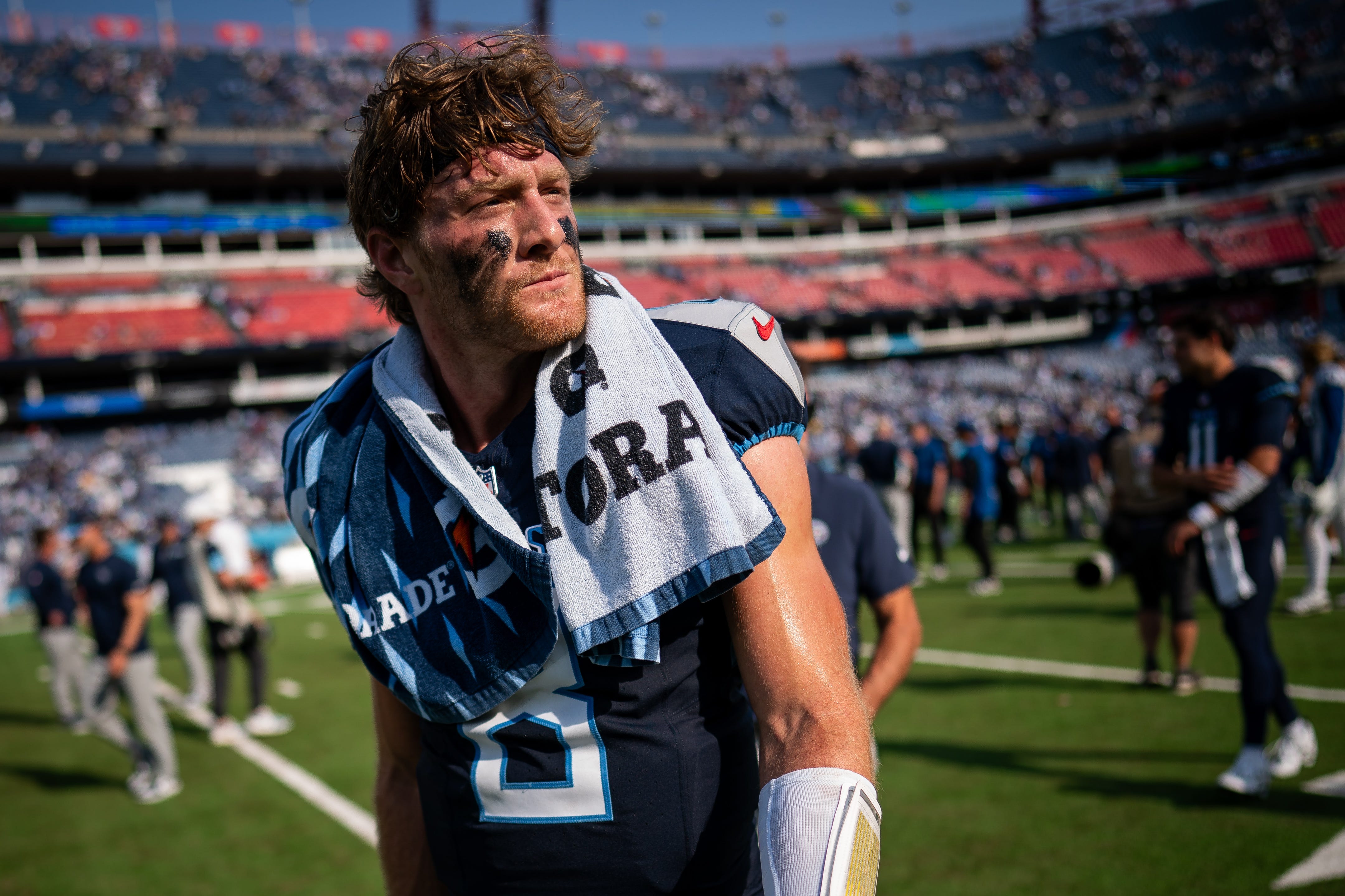 Tennessee Titans quarterback Will Levis (8) exits the field after losing to the Indianapolis Colts 20-17 at Nissan Stadium in Nashville, Tenn., Sunday, Oct. 13, 2024 Andrew Nelles / The Tennessean-USA TODAY NETWORK via Imagn Images