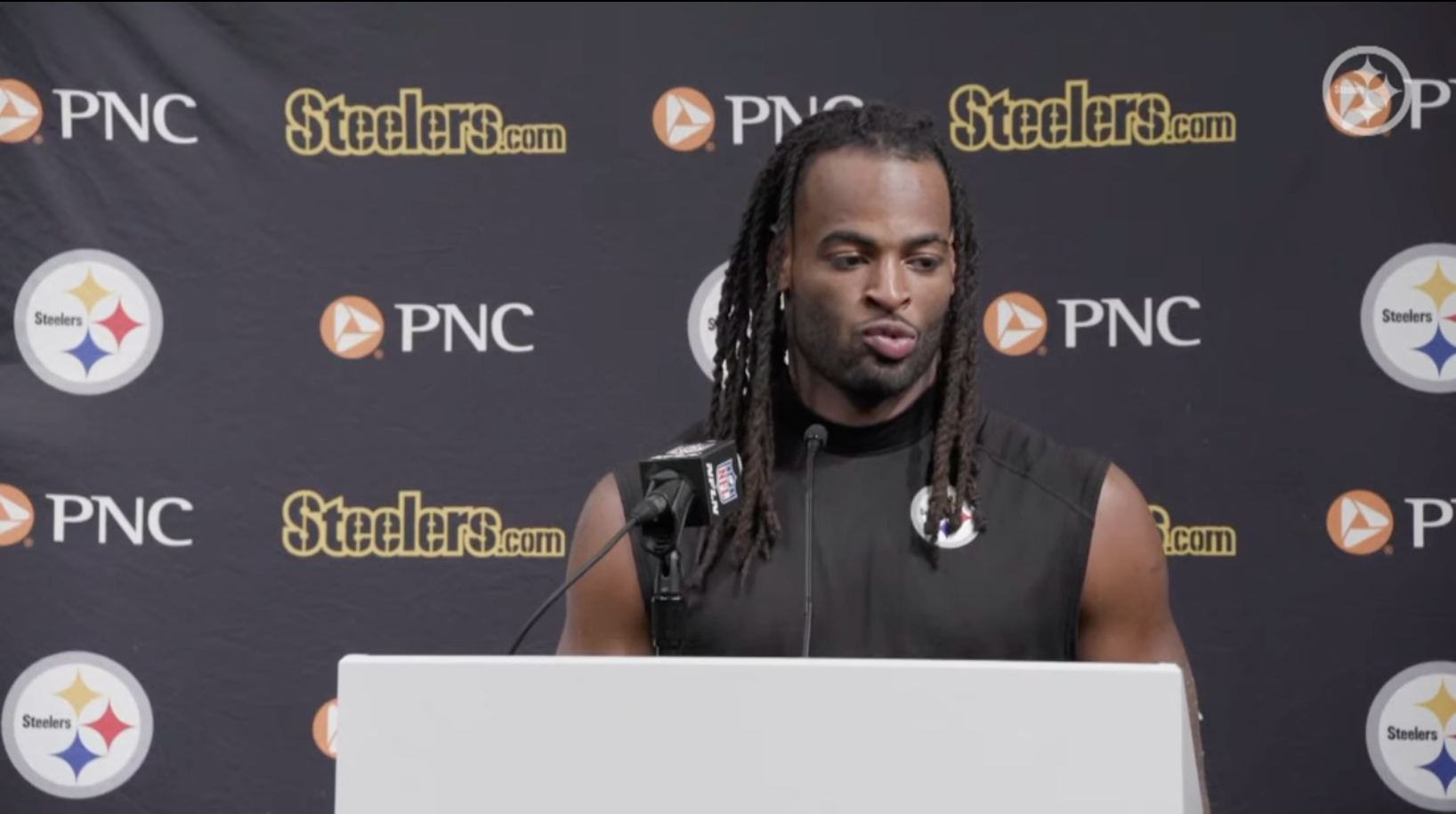Steelers RB Najee Harris addresses the media following 32-13 win over Las Vegas Raiders.