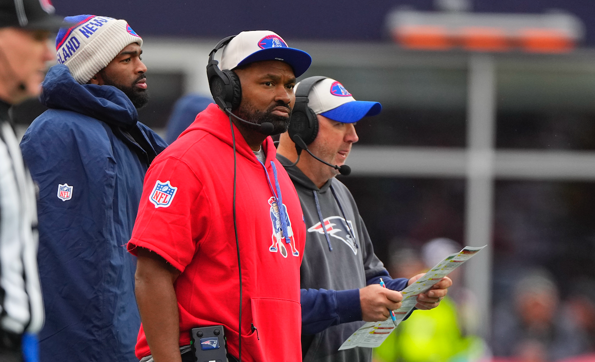 Oct 13, 2024; Foxborough, Massachusetts, USA; New England Patriots head coach Jerod Mayo and New England Patriots offensive coordinator Alex Van Pelt look on from the sideline during the second half against the Houston Texans at Gillette Stadium.