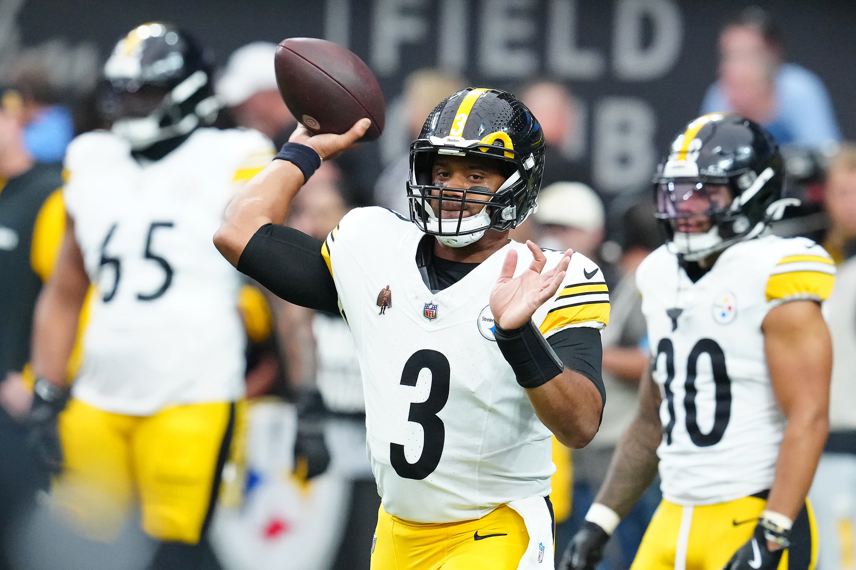 Oct 13, 2024; Paradise, Nevada, USA; Pittsburgh Steelers quarterback Russell Wilson (3) warms up before a game against the Las Vegas Raiders at Allegiant Stadium.
