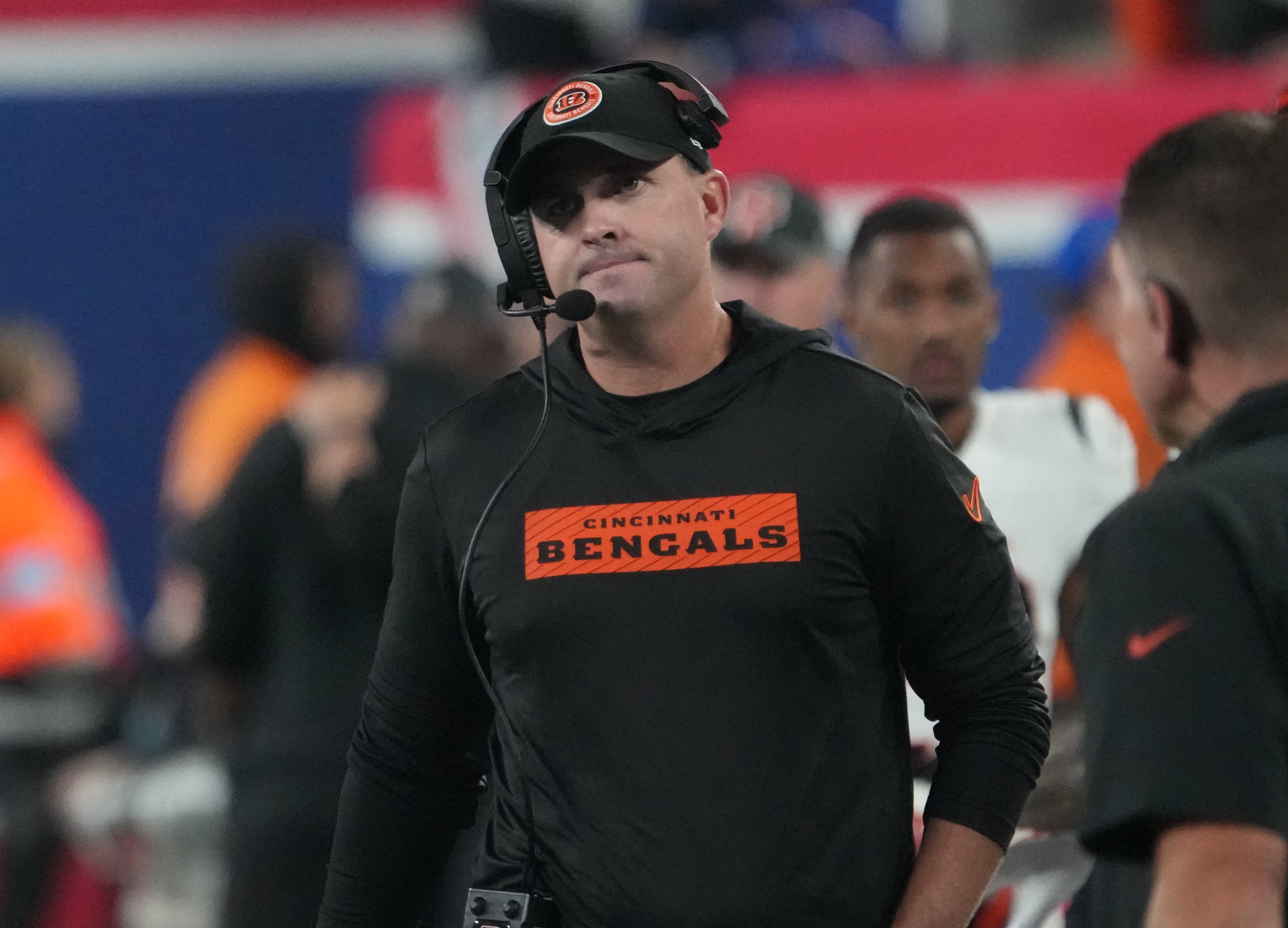 Oct 13, 2024; East Rutherford, New Jersey, USA; Cincinnati Bengals head coach Zac Taylor against the New York Giants at MetLife Stadium.