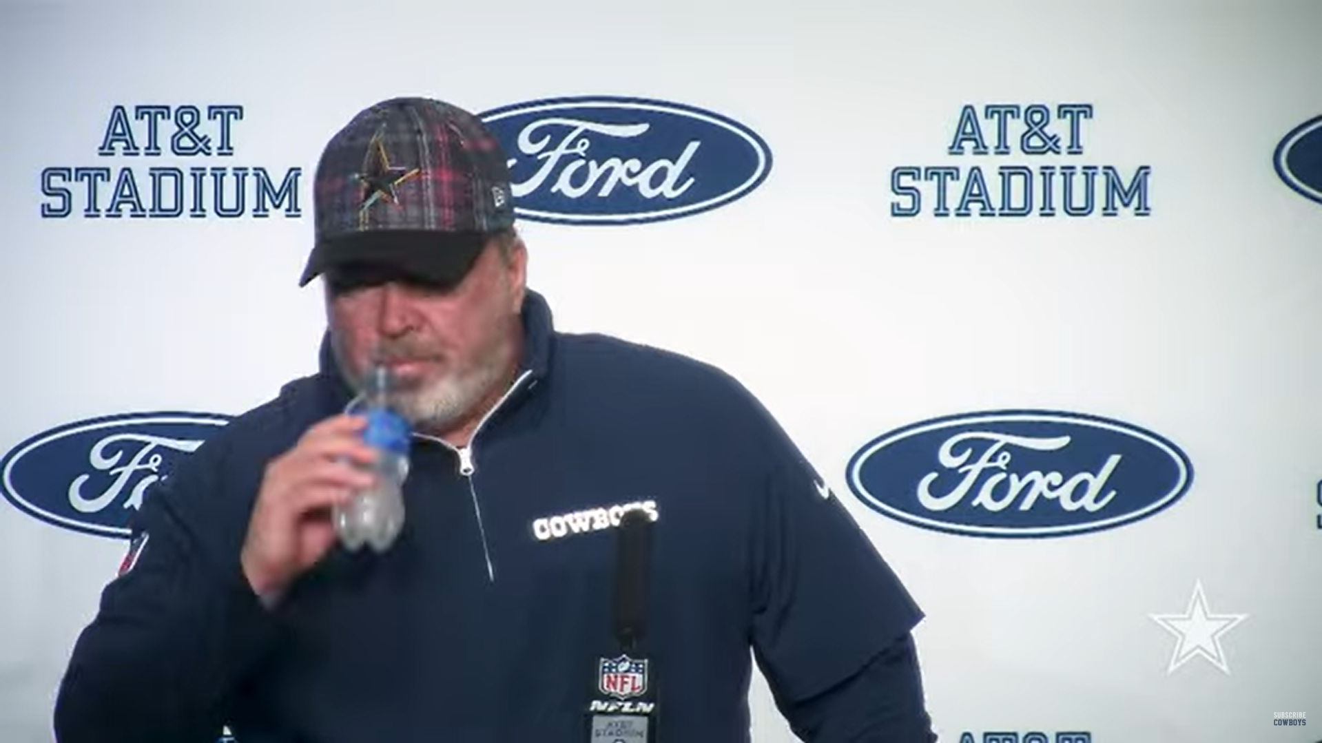 Dallas Cowboys HC Mike McCarthy talks to reporters postgame following loss to the Detroit Lions.