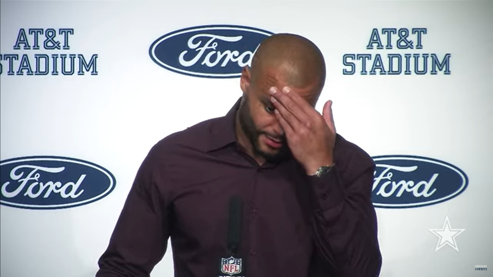 Dallas Cowboys quarterback Dak Prescott talks to reporters postgame.