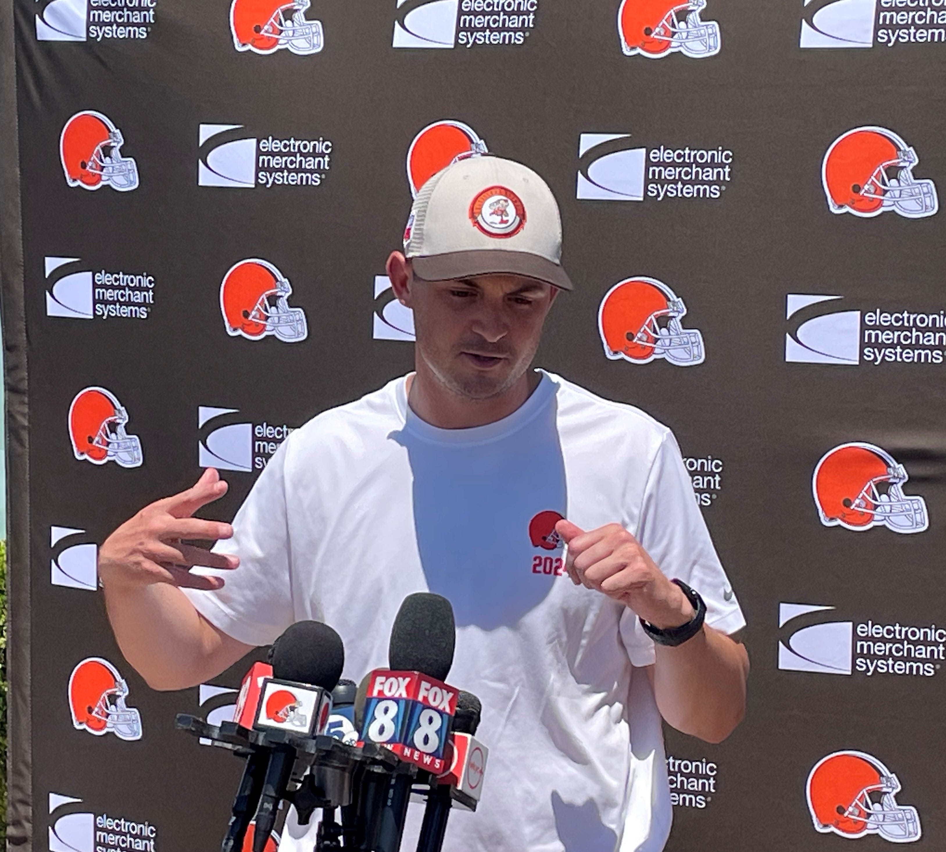 Cleveland Browns pass game specialist and tight ends coach Tommy Rees addresses media June 13 during mandatory minicamp at team headquarters in Berea, Ohio.