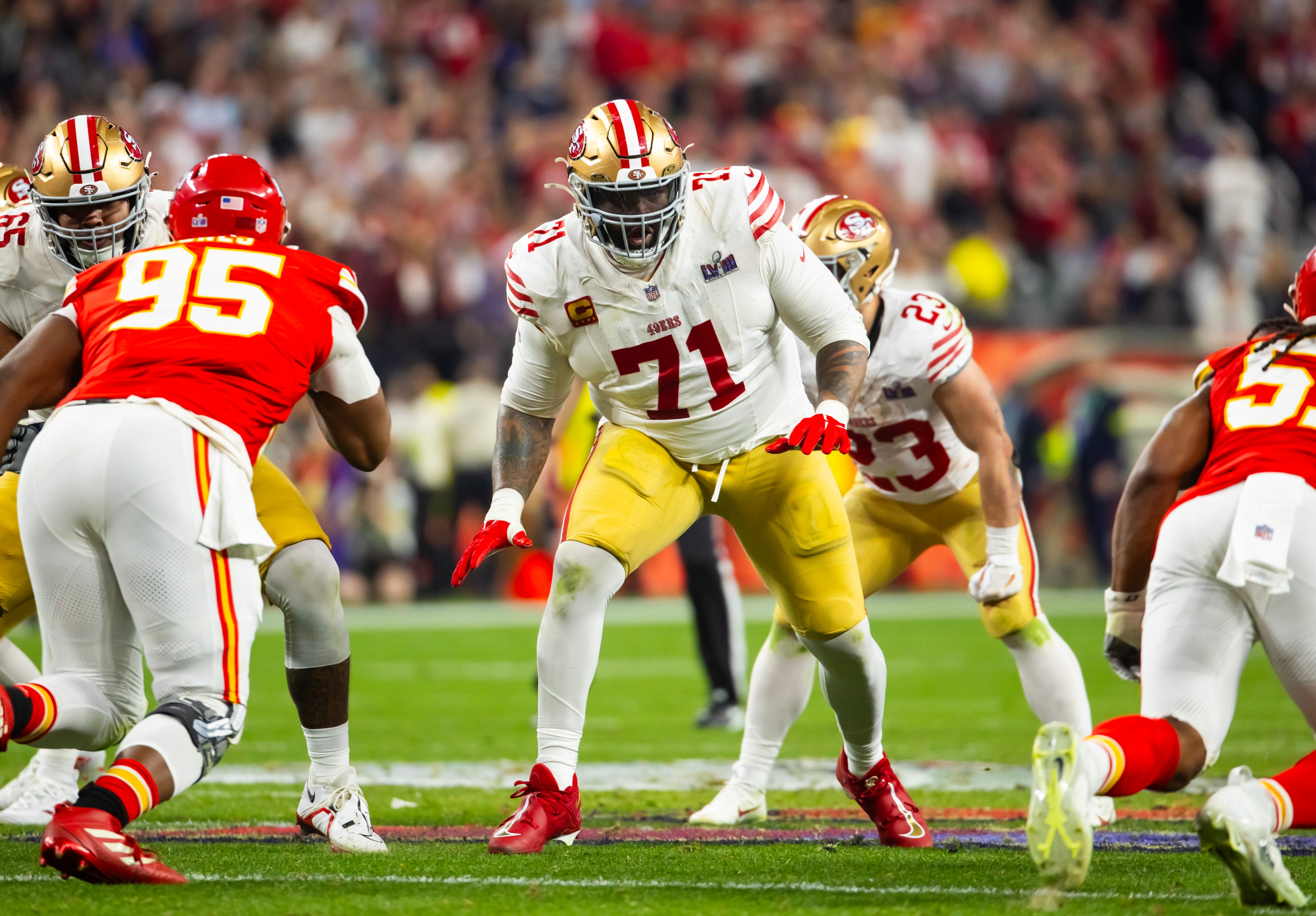 San Francisco 49ers left tackle Trent Williams (71) against the Kansas City Chiefs in Super Bowl LVIII at Allegiant Stadium.