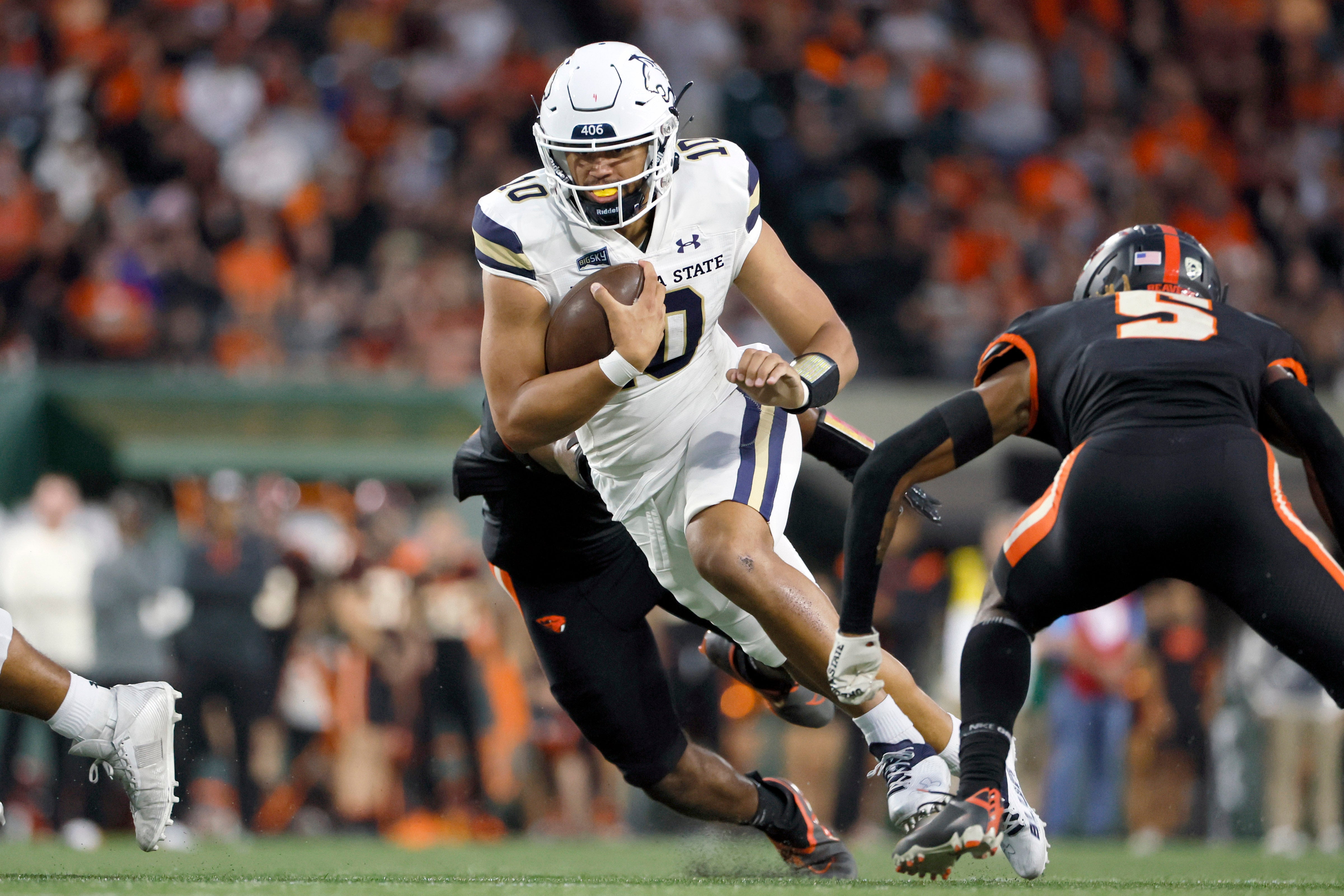 Montana State Bobcats quarterback Sean Chambers (10) runs between Oregon State Beavers linebacker Omar Speights (1, left) and defensive back Alex Austin (5) during the second half at Providence Park.