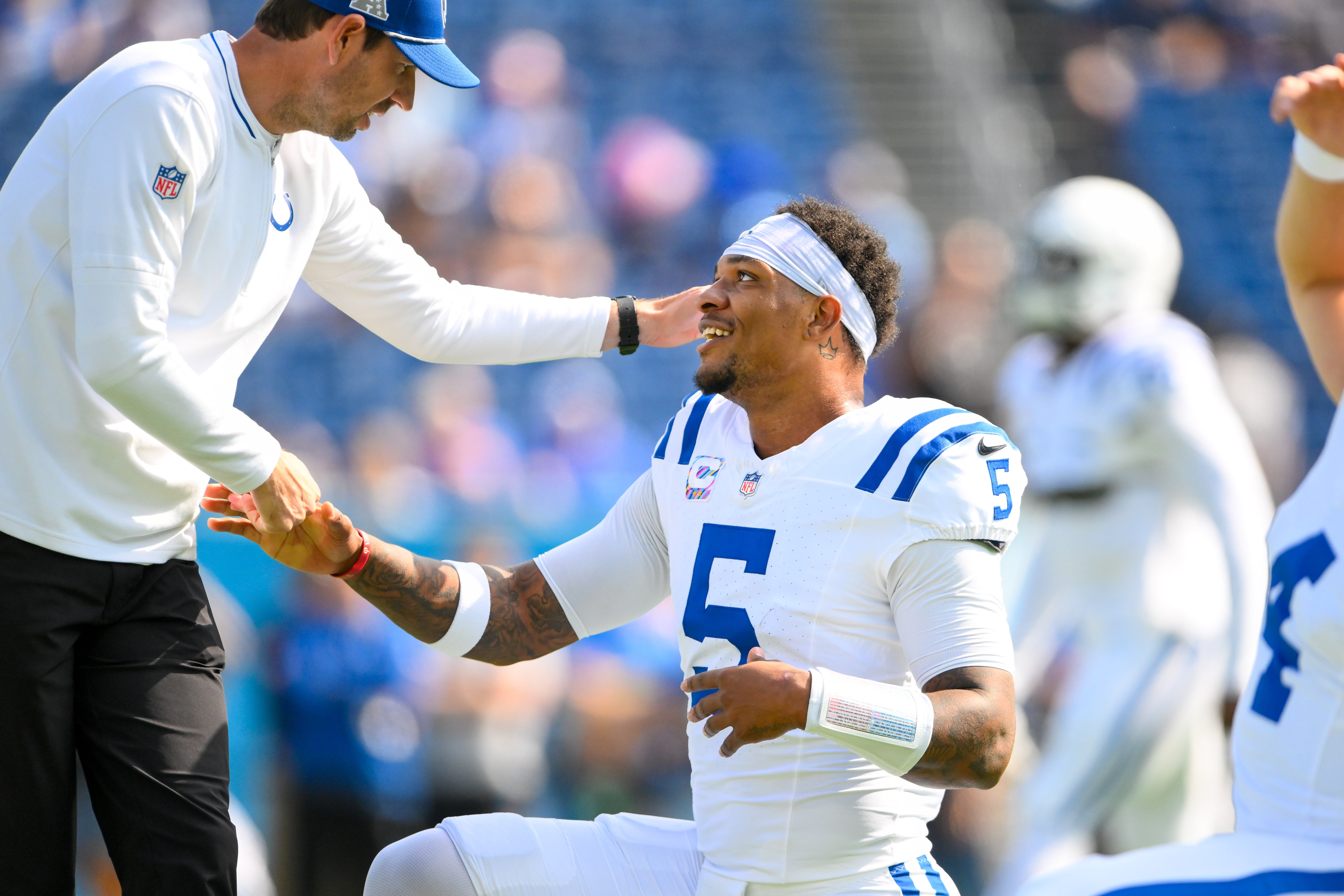 Oct 13, 2024; Nashville, Tennessee, USA; Indianapolis Colts quarterback Anthony Richardson (5) during pregame warmups against the Tennessee Titans at Nissan Stadium.