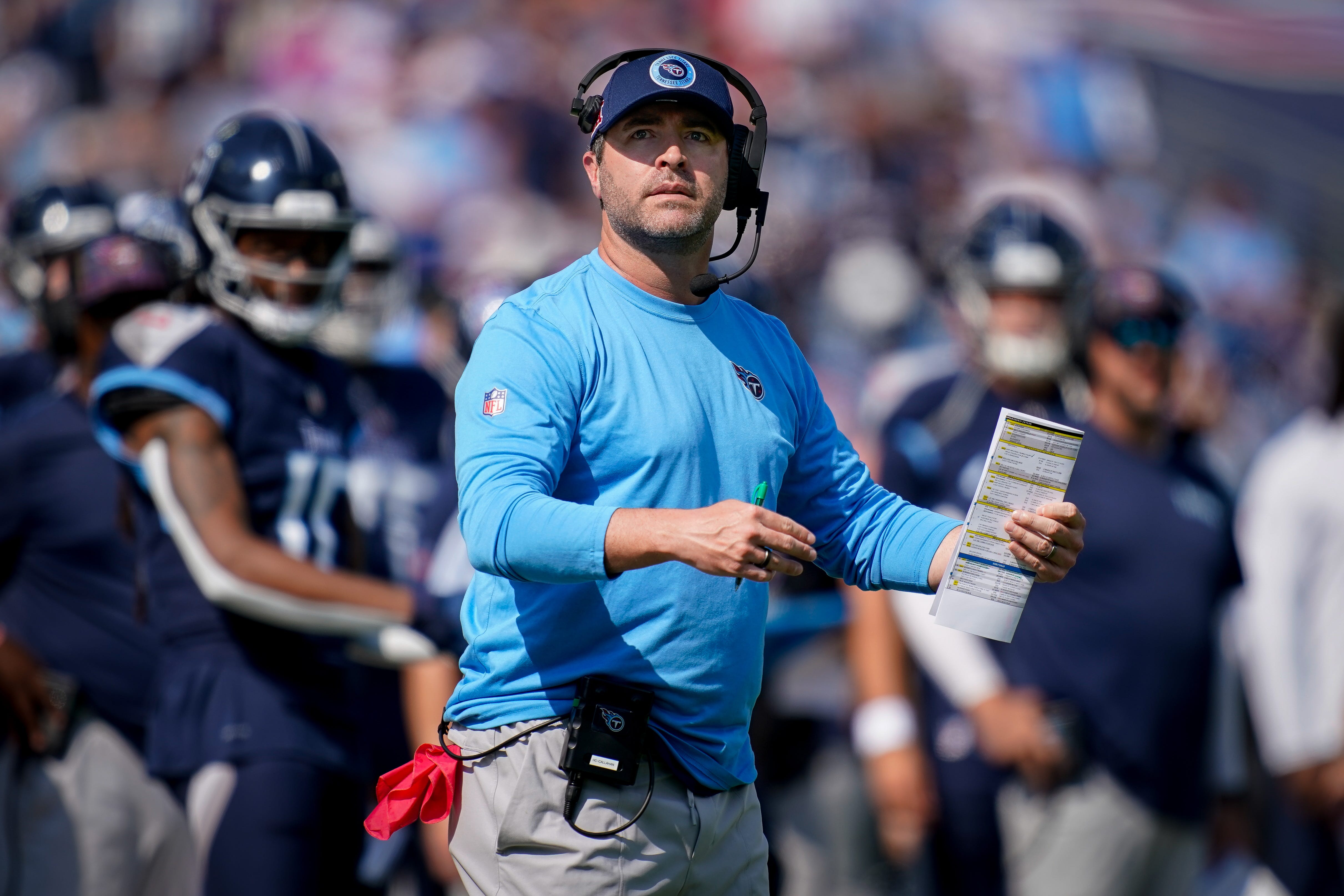 Tennessee Titans head coach Brian Callahan works with his team against the Indianapolis Colts during the first quarter at Nissan Stadium in Nashville, Tenn., Sunday, Oct. 13, 2024 Andrew Nelles / The Tennessean-USA TODAY NETWORK via Imagn Images