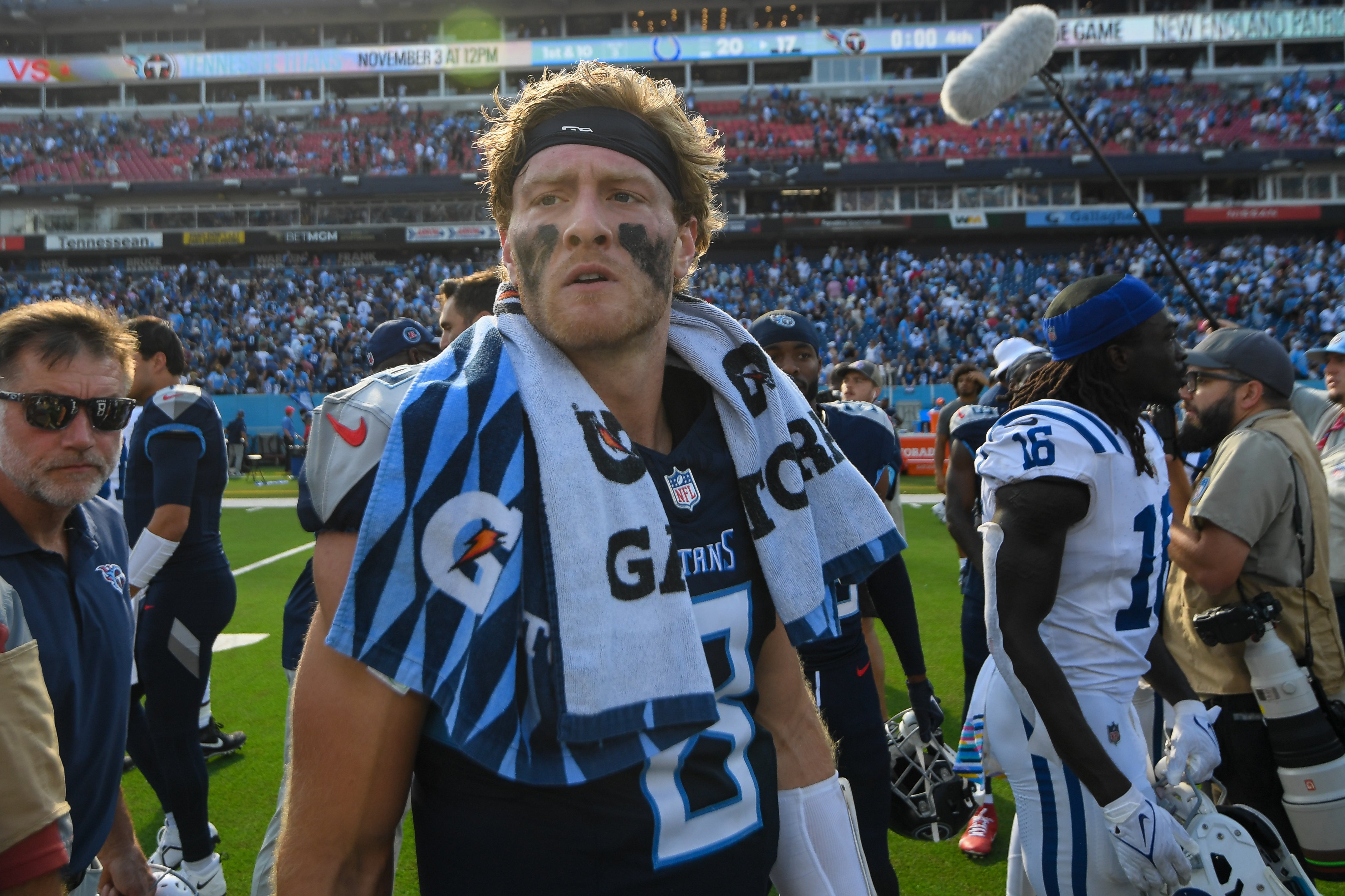 Oct 13, 2024; Nashville, Tennessee, USA; Tennessee Titans Will Levis (8) overlooks the field during post game against the Indianapolis Colts at Nissan Stadium. Mandatory Credit: Steve Roberts-Imagn Images