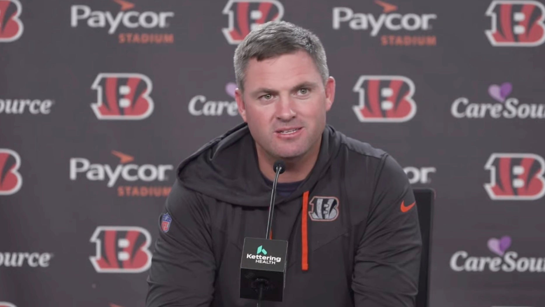 Cincinnati Bengals head coach Zac Taylor talks to reporters on Monday, October 14, 2024.