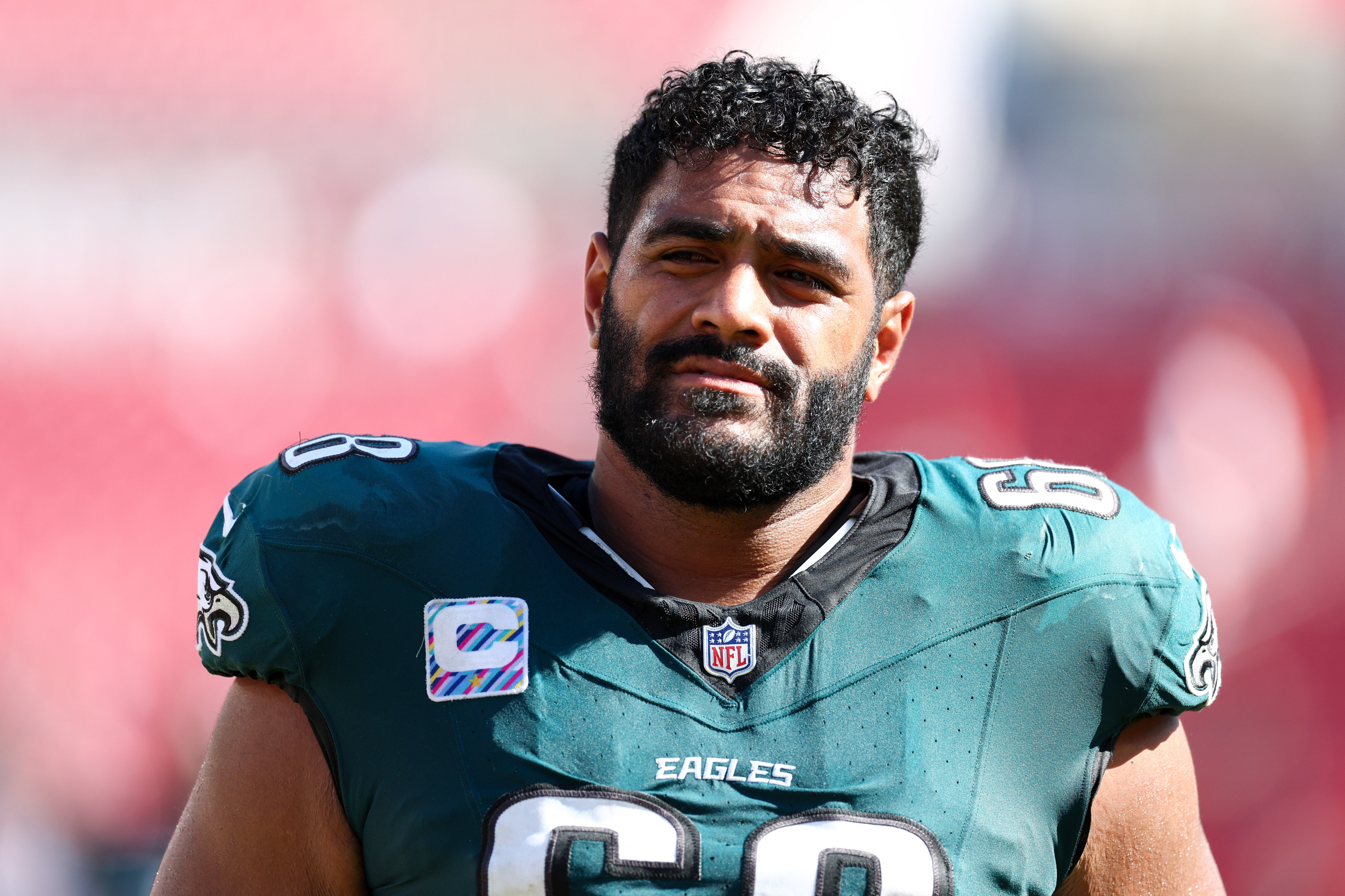 Philadelphia Eagles offensive tackle Jordan Mailata (68) looks on after a game against the Tampa Bay Buccaneers at Raymond James Stadium.