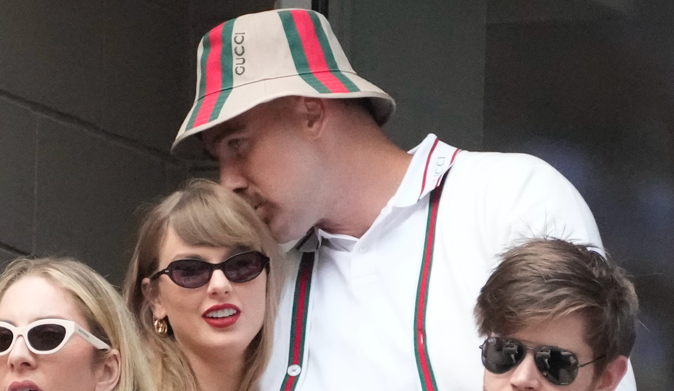 Sep 8, 2024; Flushing, NY, USA; Recording artist Taylor Swift and Kansas City Chiefs tight end Travis Kelce talk during the men’s singles final of the 2024 U.S. Open tennis tournament at USTA Billie Jean King National Tennis Center.