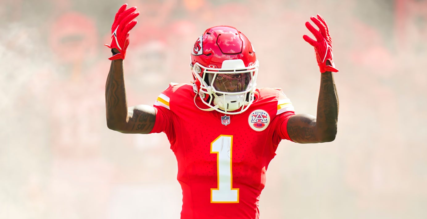 Sep 15, 2024; Kansas City, Missouri, USA; Kansas City Chiefs wide receiver Xavier Worthy (1) takes the field prior to a game against the Cincinnati Bengals at GEHA Field at Arrowhead Stadium.