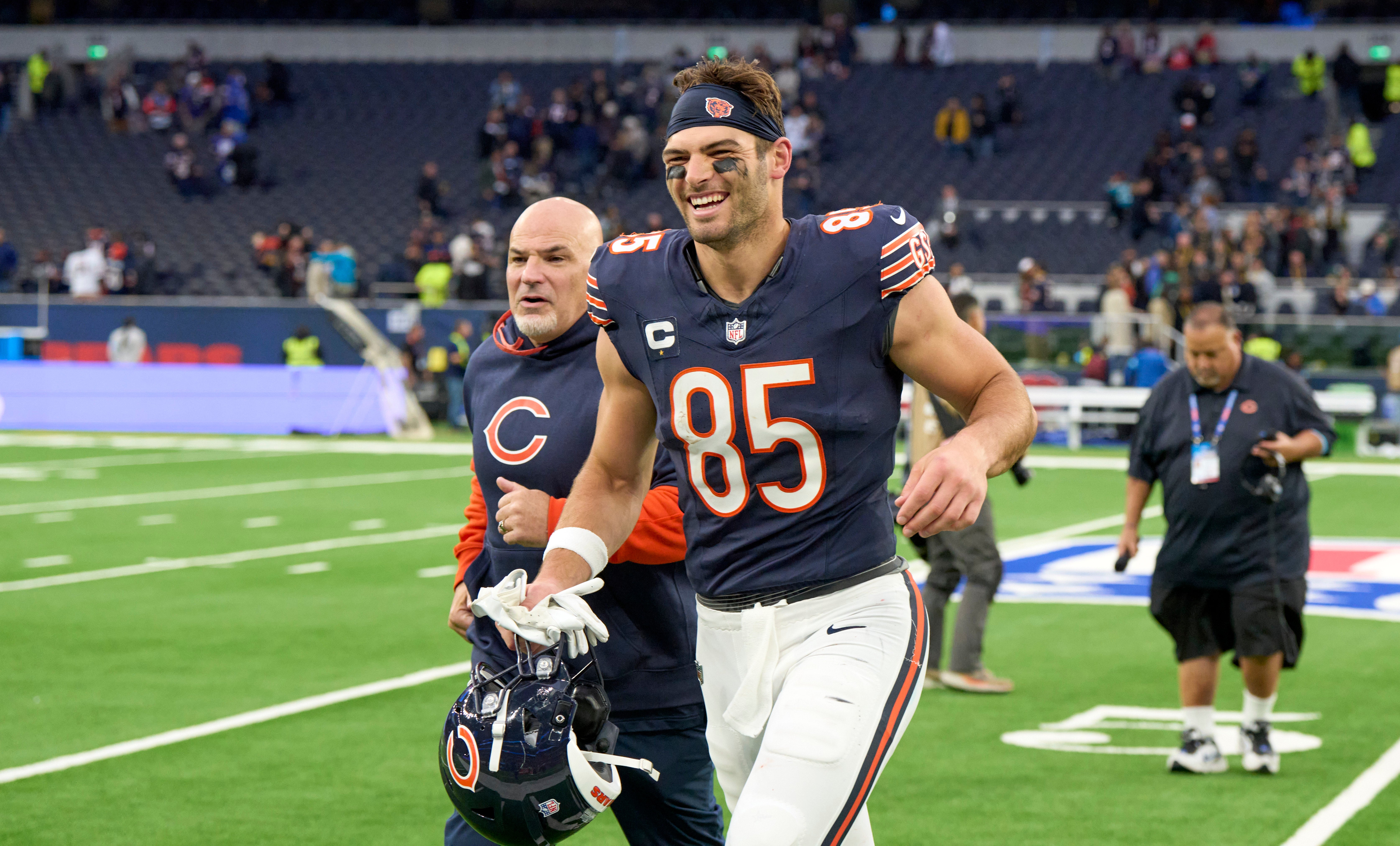 Oct 13, 2024; London, United Kingdom; Chicago Bears tight end Cole Kmet (85) after the second half of an NFL International Series game at Tottenham Hotspur Stadium.