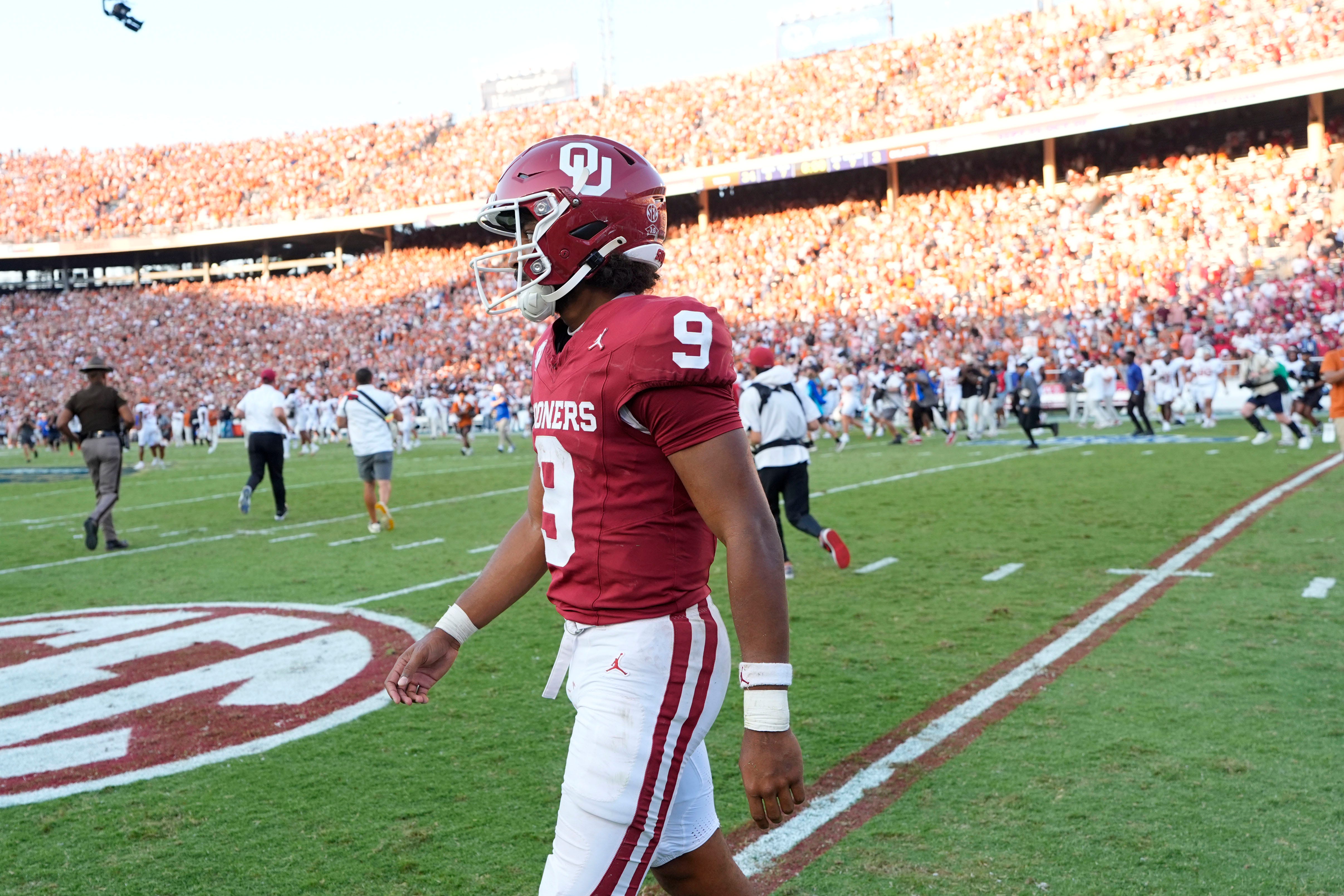 Oklahoma Sooners quarterback Michael Hawkins Jr. (9) walks off the field after the Red River Rivalry college football game between the University of Oklahoma Sooners (OU) and the Texas Longhorns at the Cotton Bowl in Dallas, Saturday, Oct. 12, 2024. Texas one 34-3.