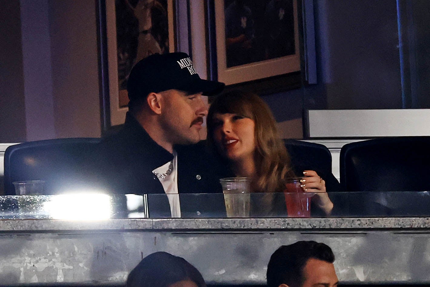 Oct 14, 2024; Bronx, New York, USA; Recording artist Taylor Swift and Kansas City Chiefs tight end Travis Kelce watch game one of the ALCS for the 2024 MLB Playoffs between the New York Yankees and the Cleveland Guardians at Yankee Stadium. 