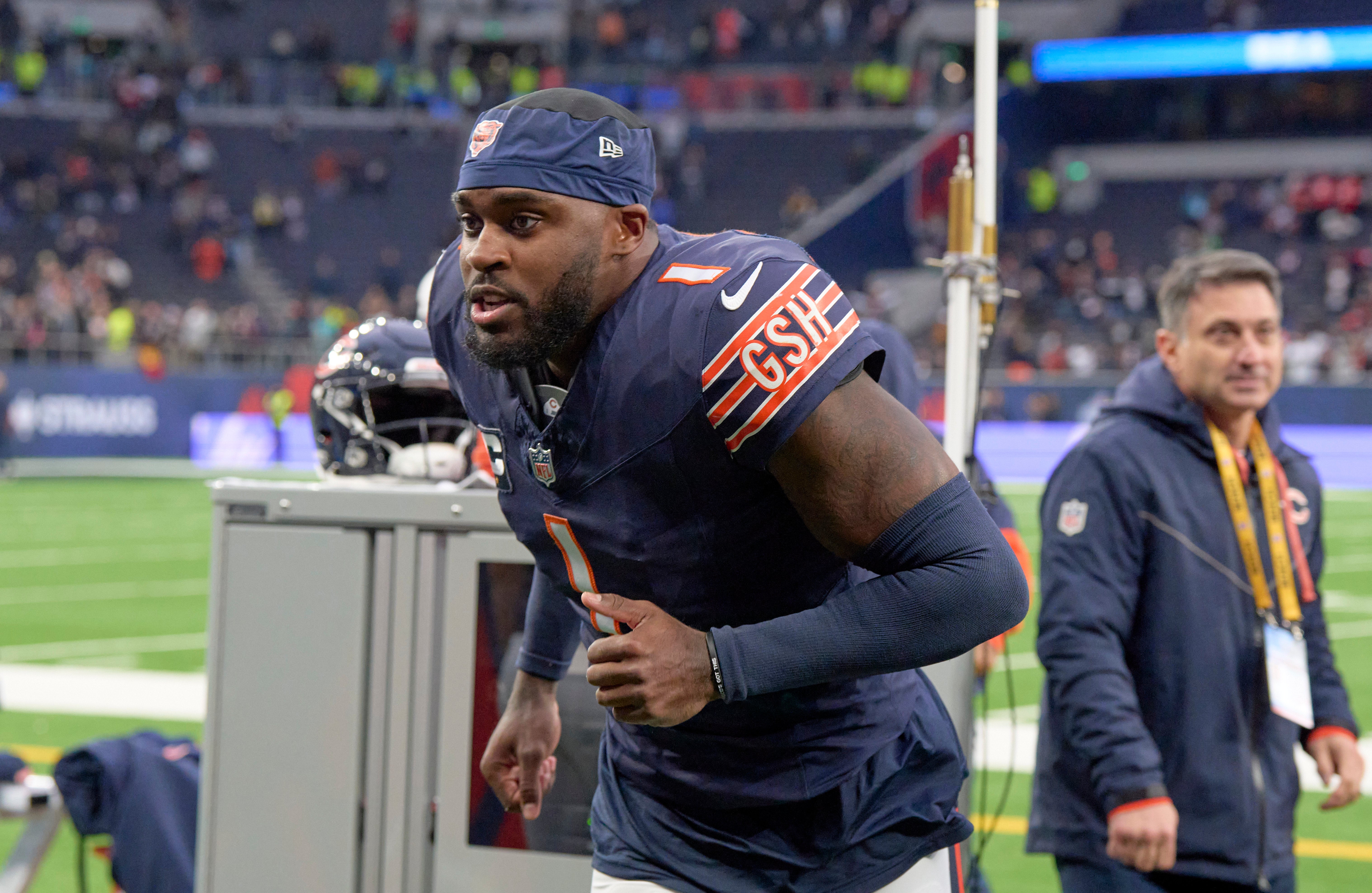 Oct 13, 2024; London, United Kingdom; Chicago Bears cornerback Jaylon Johnson (1) after an NFL International Series game at Tottenham Hotspur Stadium.