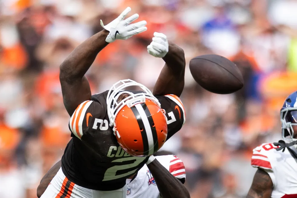 Cleveland Browns wide receiver Amari Cooper (2) misses the ball against the New York Giants during the fourth quarter at Huntington Bank Field.