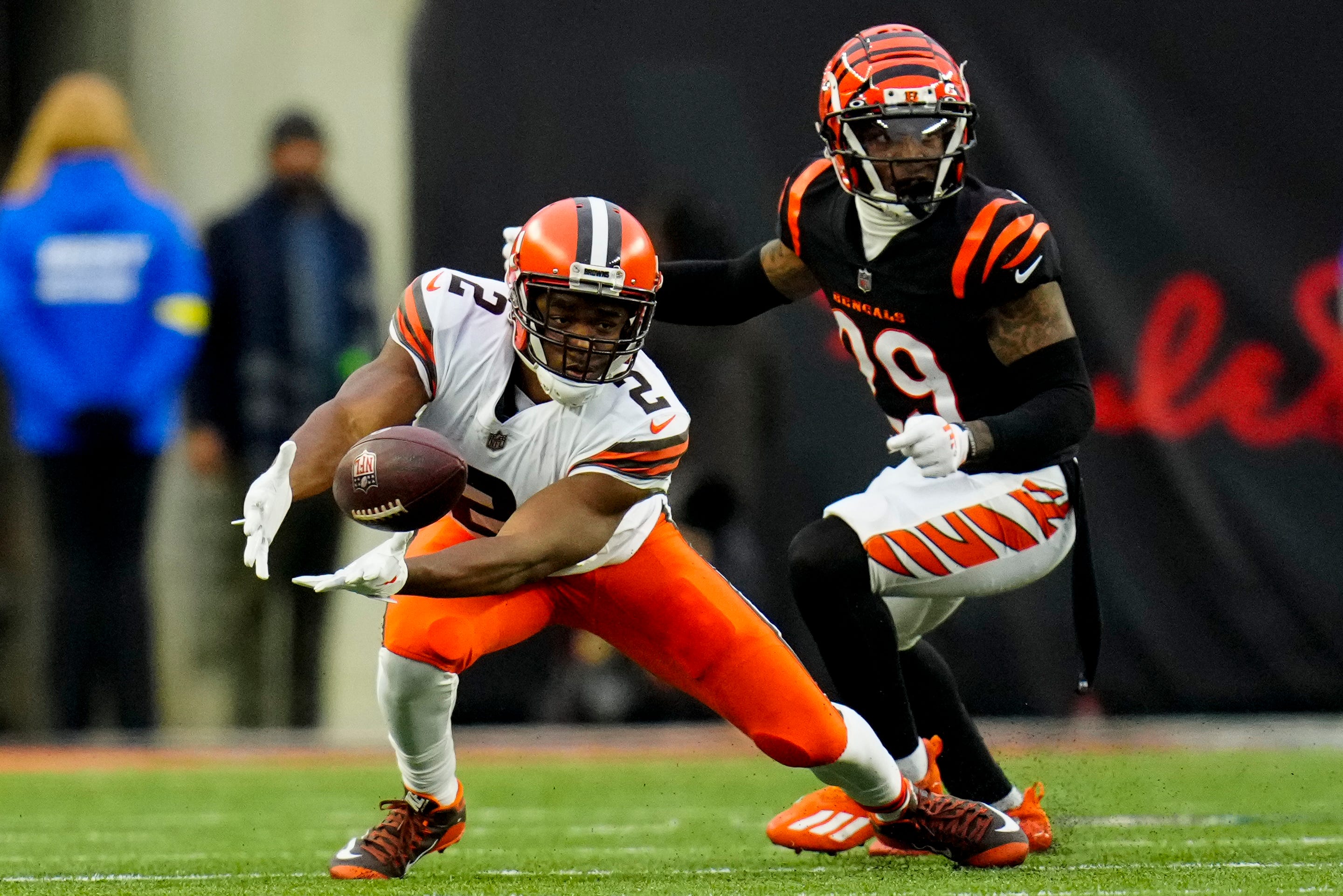 Cleveland Browns wide receiver Amari Cooper (2) is unable to complete a pass in the fourth quarter of the NFL Week 14 game between the Cincinnati Bengals and the Cleveland Browns at Paycor Stadium in Cincinnati on Sunday, Dec. 11, 2022. The Bengals improved to 9-4 with a 23-10 win over the Browns. Cleveland Browns At Cincinnati Bengals Week 14