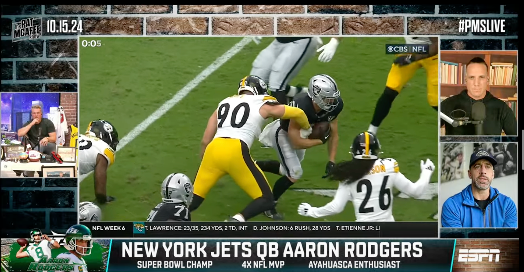 New York Jets QB Aaron Rodgers appears on the Pat McAfee Show on ESPN, 10/15/24