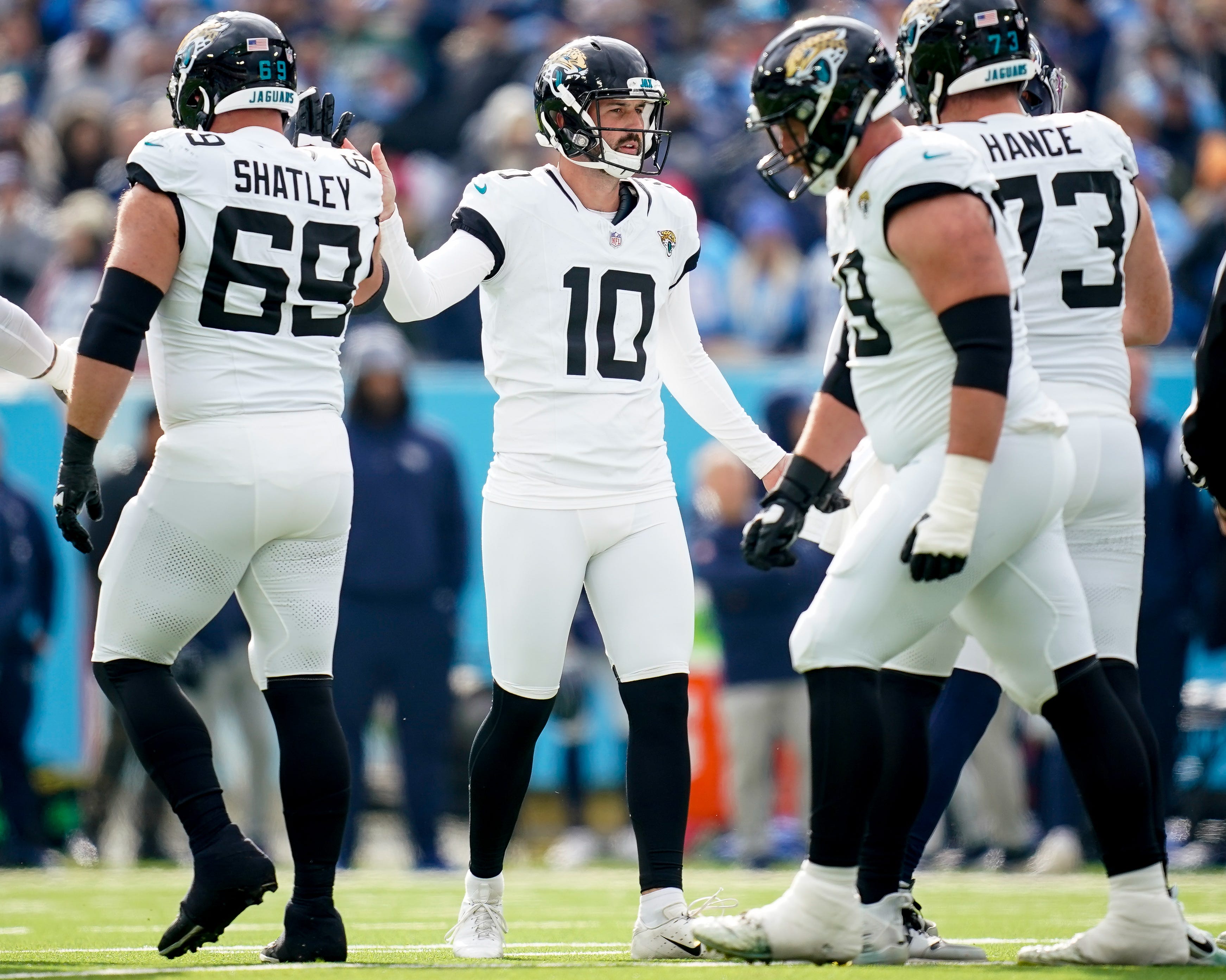 Jacksonville Jaguars place kicker Brandon McManus (10) celebrates his field goal against the Tennessee Titans during the first quarter at Nissan Stadium in Nashville, Tenn., Sunday, Jan. 7, 2024.