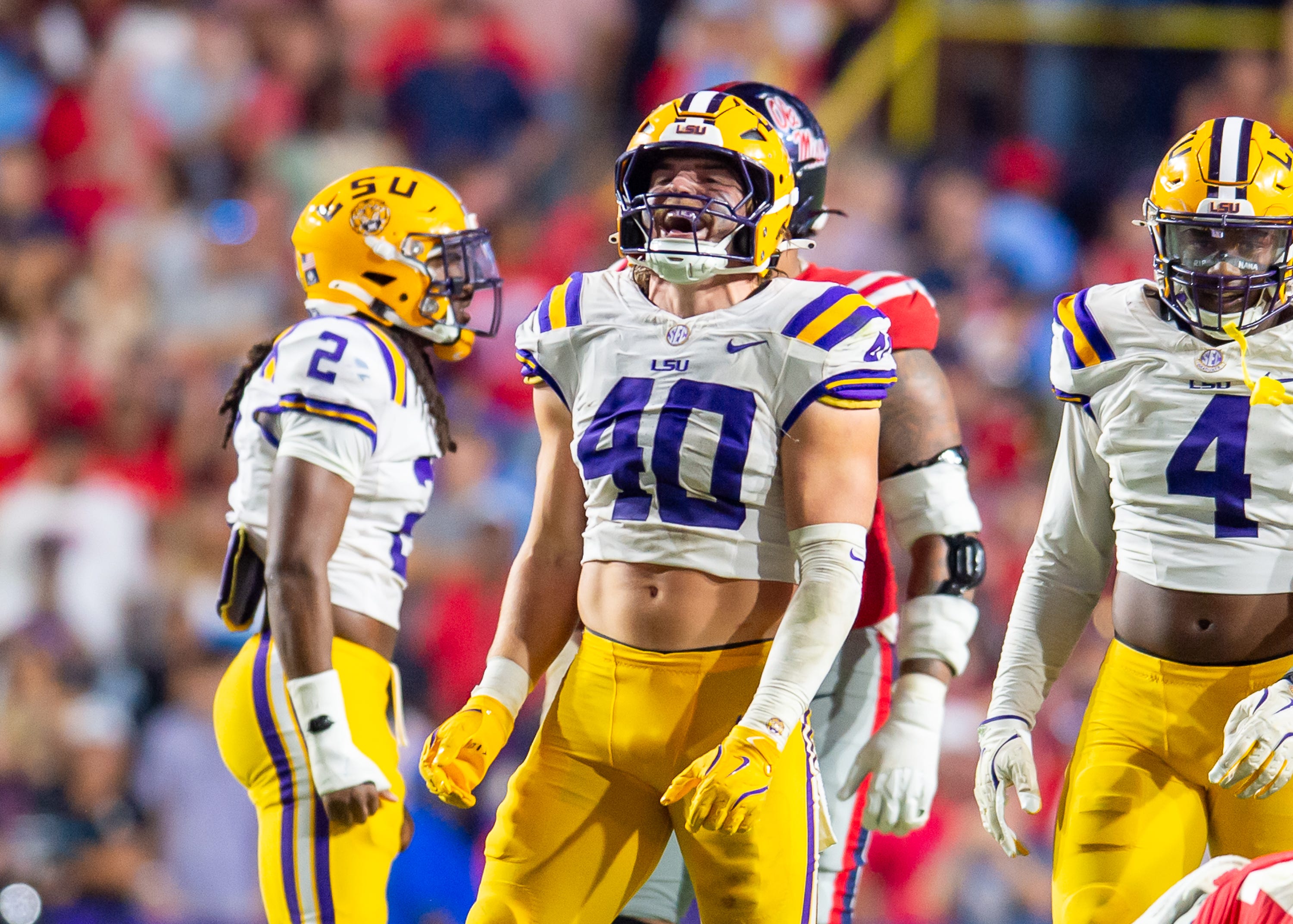 Linebacker Whit Weeks 40 sacks quarterback Jaxson Dart 2 as the LSU Tigers take on the Ole Miss Rebels at Tiger Stadium in Baton Rouge, LA. Saturday, Oct. 12, 2024.Saturday, Oct. 12, 2024.