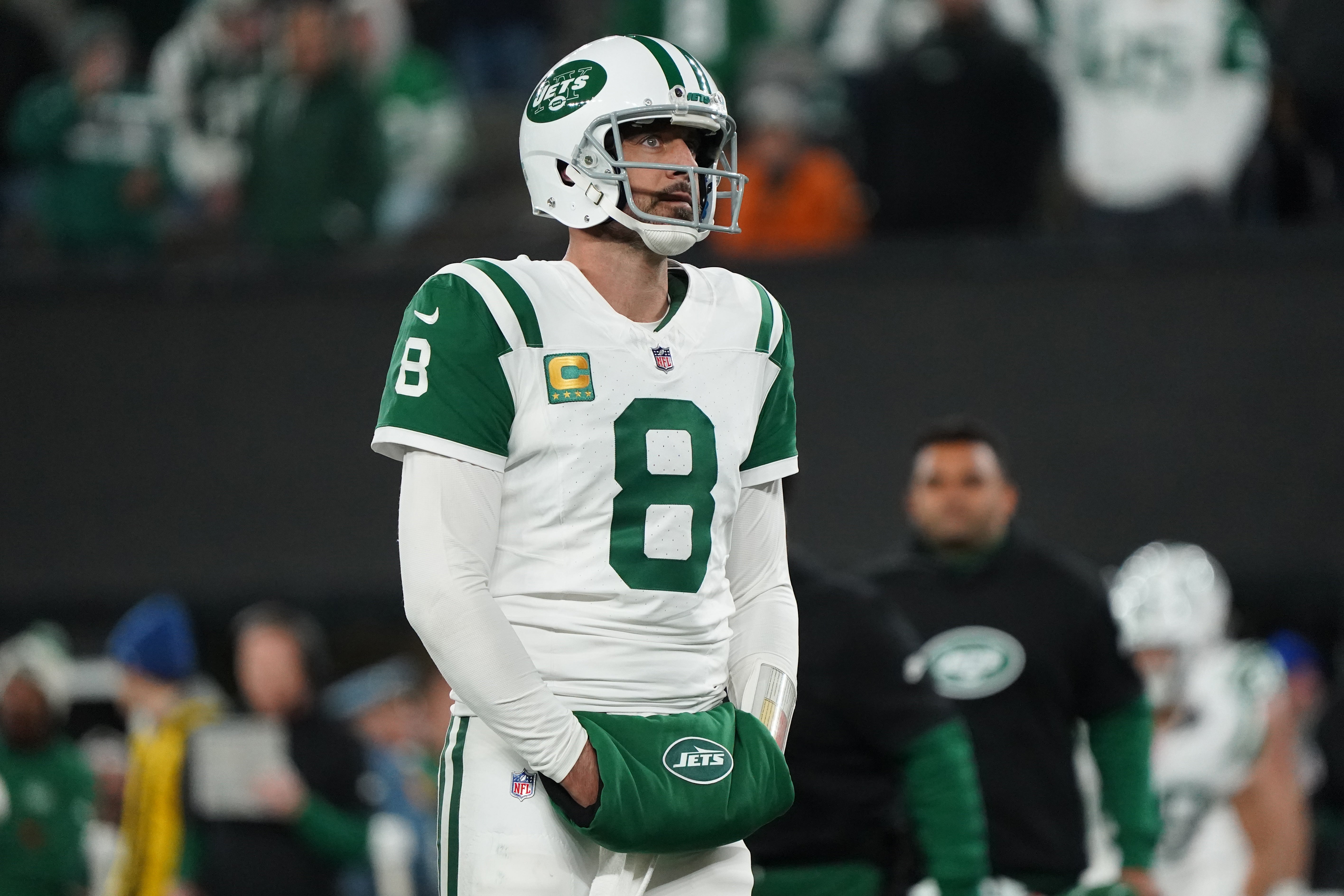 New York Jets quarterback Aaron Rodgers (8) reacts during the second half against the Buffalo Bills at MetLife Stadium.