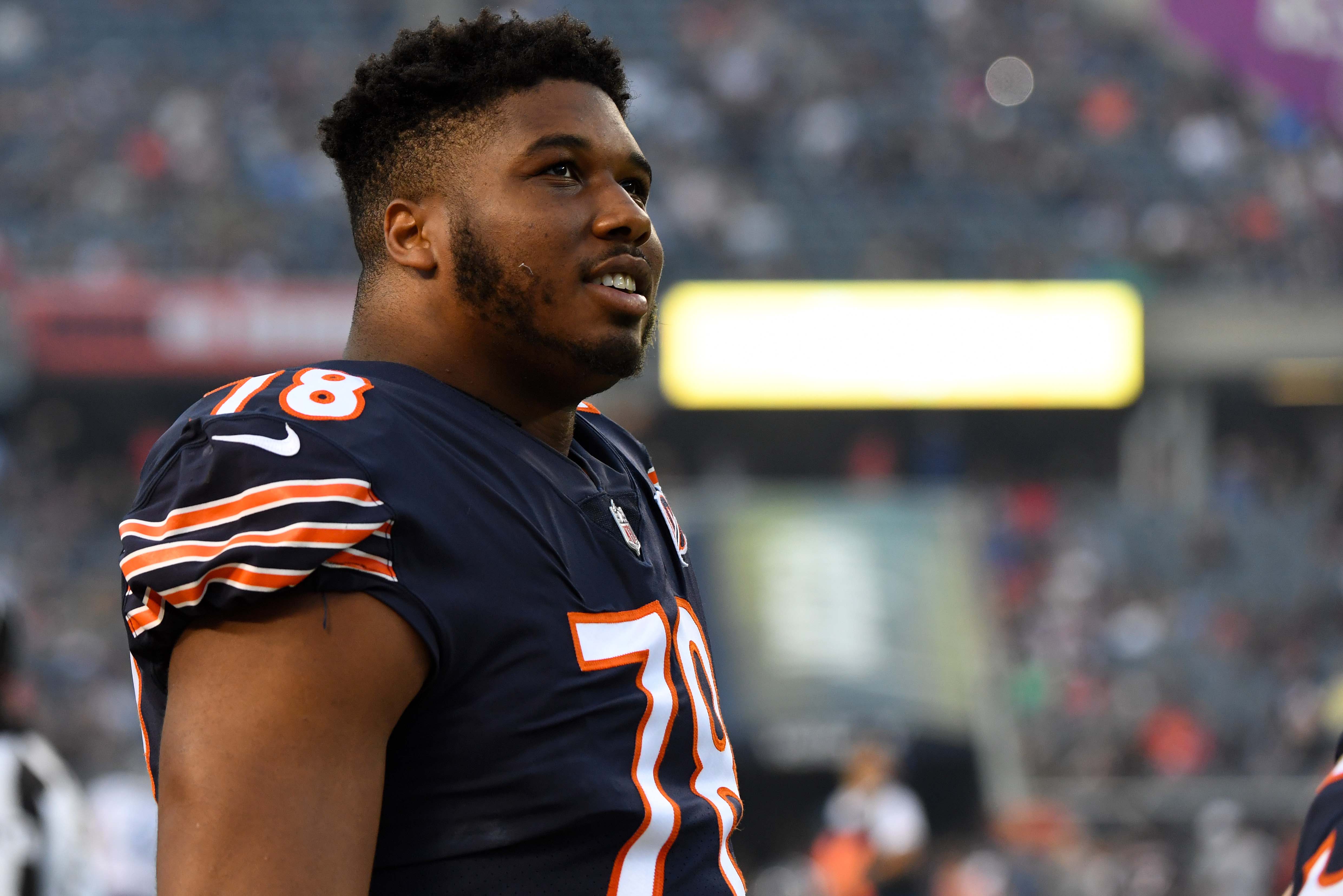 Chicago Bears defensive end Jalen Dalton (78) stands along the bench during the first half against the Tennessee Titans at Soldier Field.