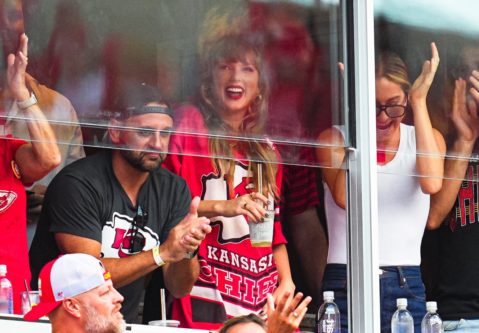 Sep 15, 2024; Kansas City, Missouri, USA; Recording artist Taylor Swift celebrates after a Kansas City Chiefs touchdown during the second half against the Cincinnati Bengals at GEHA Field at Arrowhead Stadium.