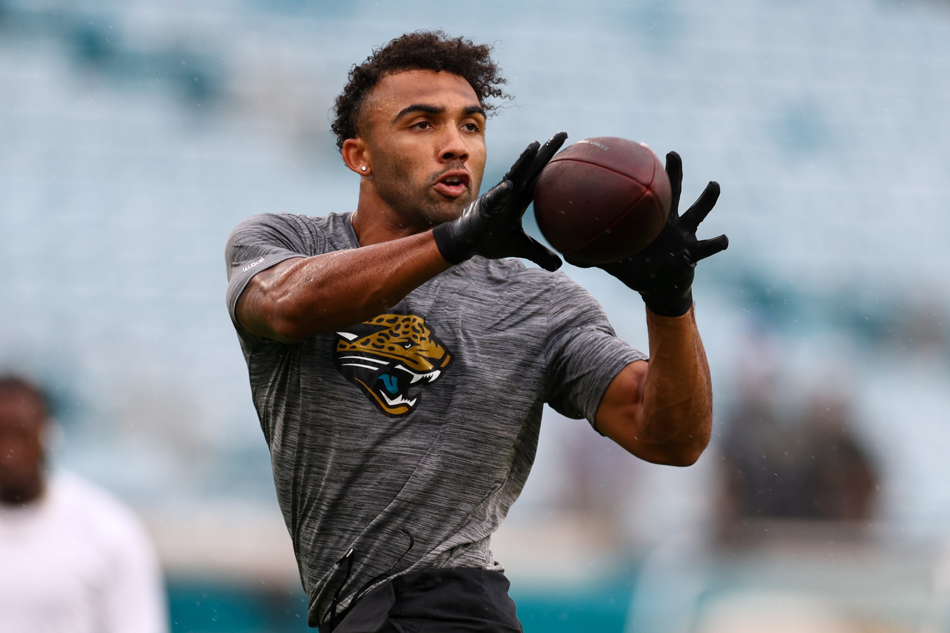 Oct 6, 2024; Jacksonville, Florida, USA; Jacksonville Jaguars wide receiver Christian Kirk (13) warms up before a game against the Indianapolis Colts at EverBank Stadium.