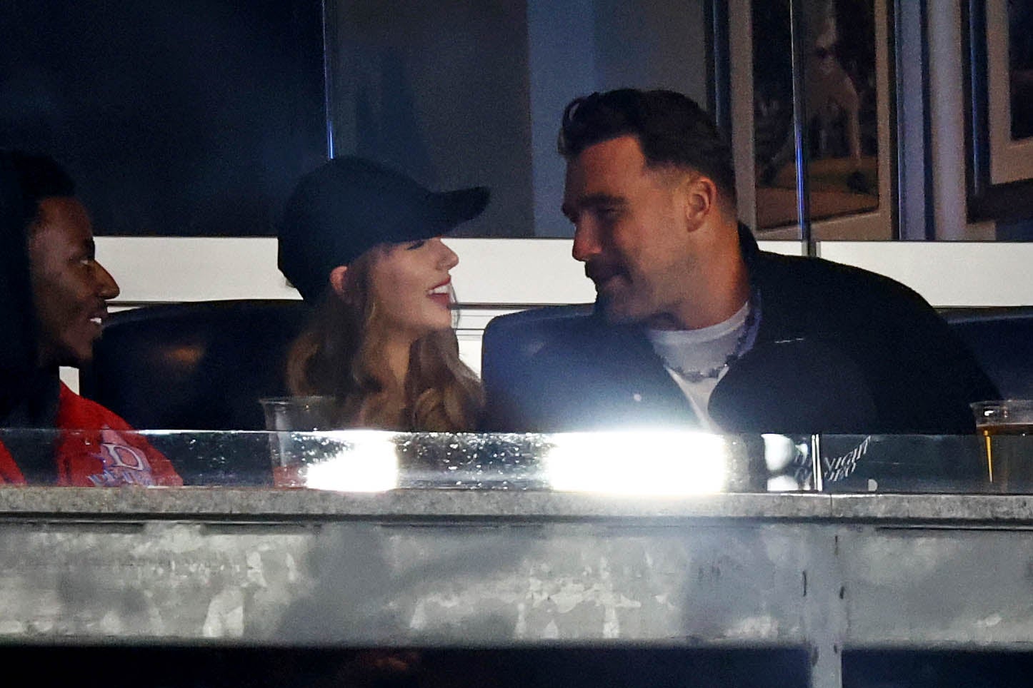 Oct 14, 2024; Bronx, New York, USA; Recording artist Taylor Swift and Kansas City Chiefs tight end Travis Kelce watch game one of the ALCS for the 2024 MLB Playoffs between the New York Yankees and the Cleveland Guardians at Yankee Stadium.