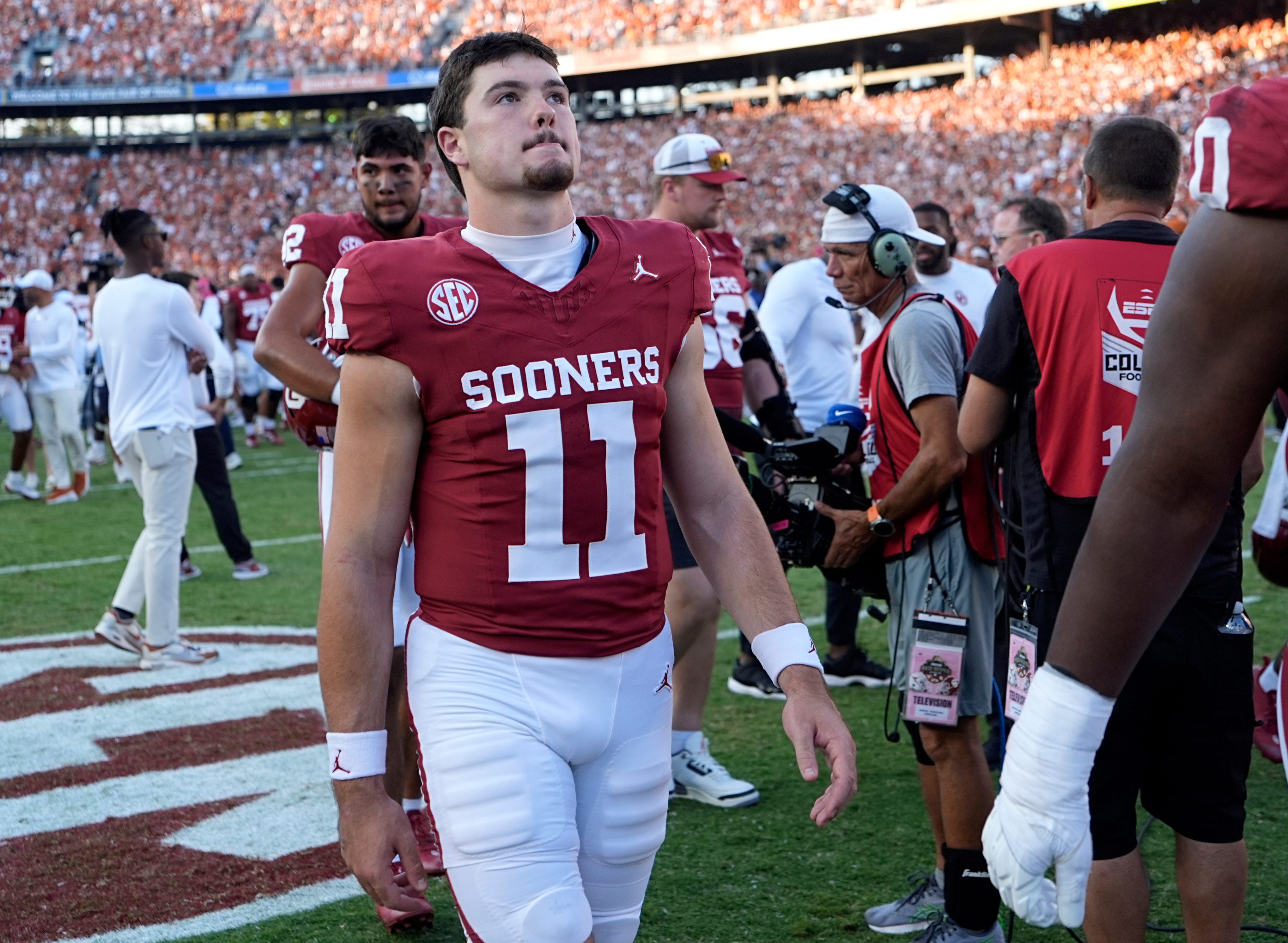 Oklahoma Sooners quarterback Jackson Arnold (11) walks of the field following the Red River Rivalry college football game between the University of Oklahoma Sooners and the Texas Longhorn at the Cotton Bowl Stadium in Dallas, Texas, Saturday, Oct., 12, 2024.