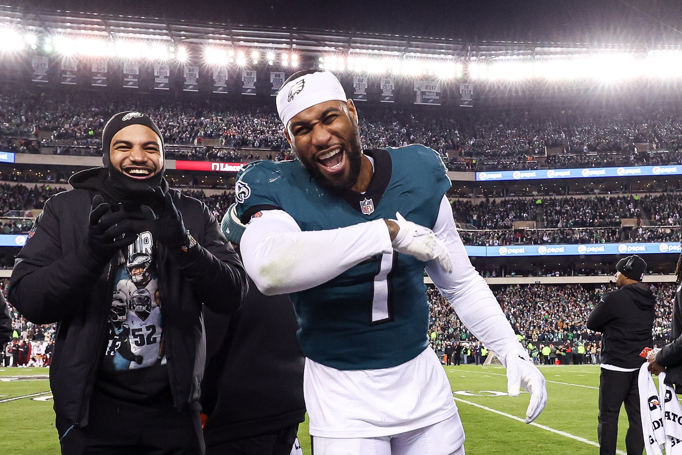 Jan 29, 2023; Philadelphia, Pennsylvania, USA; Philadelphia Eagles linebacker Haason Reddick (7) celebrates on the sidelines in the final minutes of a victory against the San Francisco 49ers in the NFC Championship game at Lincoln Financial Field.