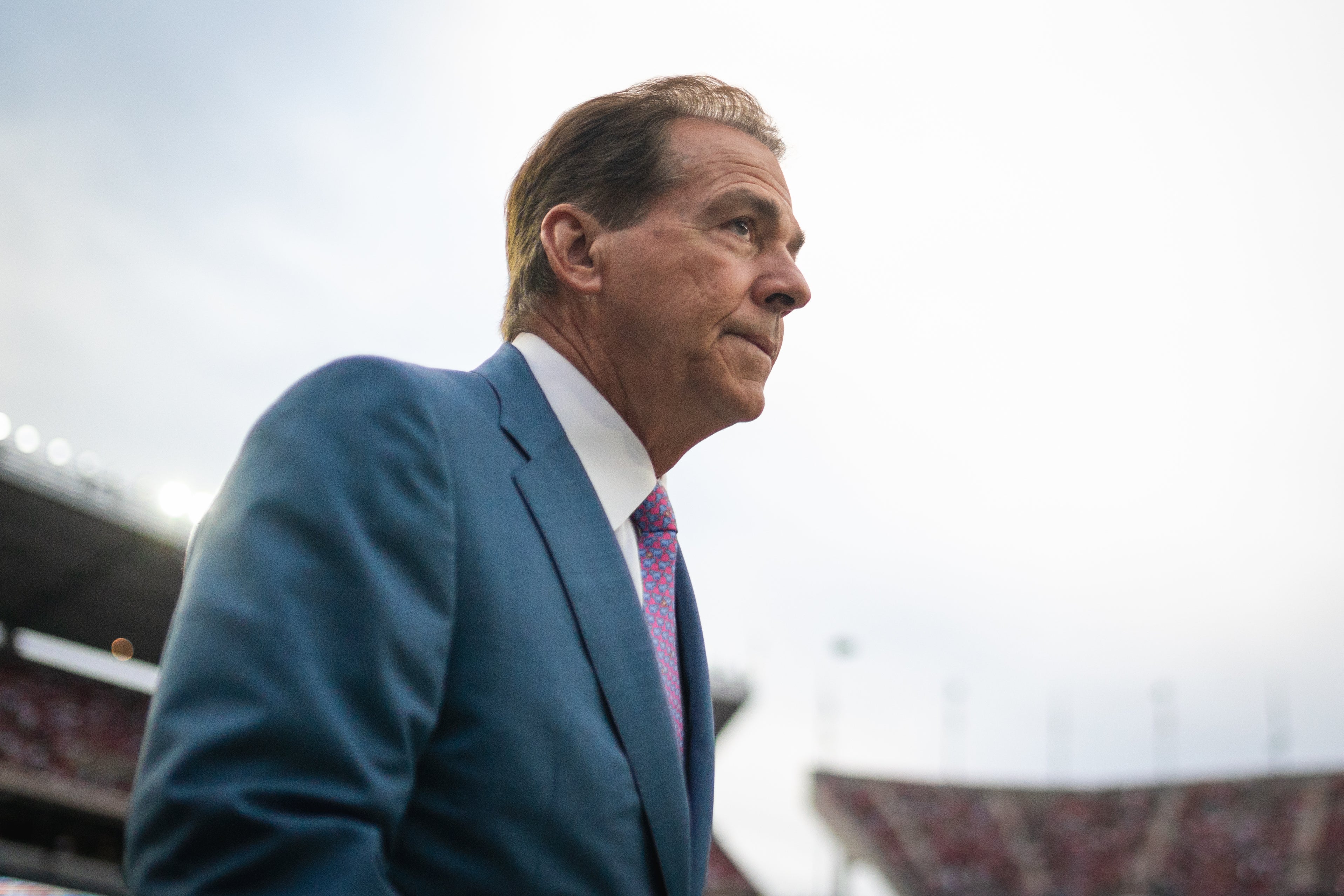 Sep 28, 2024; Tuscaloosa, Alabama, USA; Former Alabama Crimson Tide head coach Nick Saban walks onto the field before a game between the Crimson Tide and Georgia Bulldogs at Bryant-Denny Stadium.