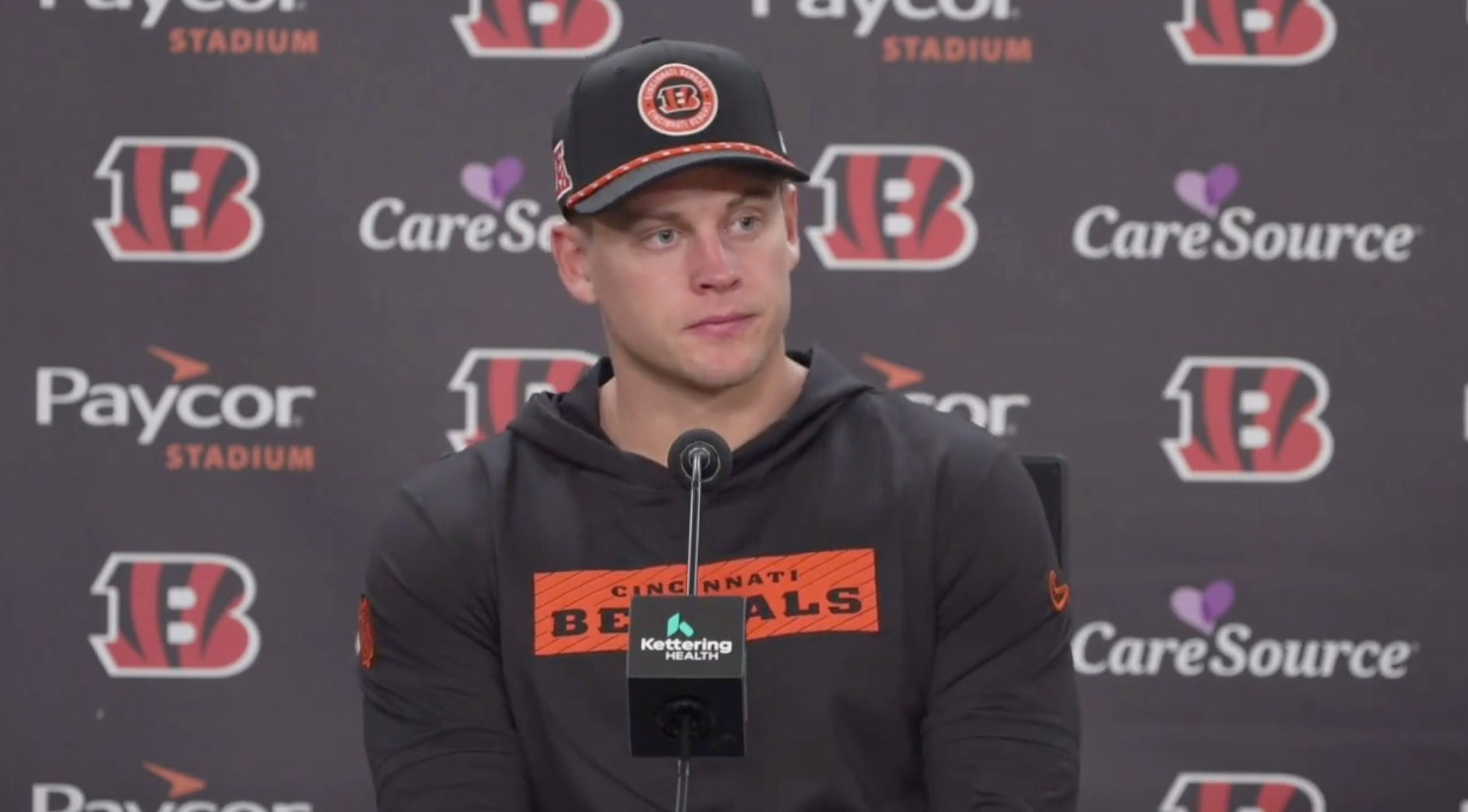 Cincinnati Bengals quarterback Joe Burrow talks to reporters on October 16, 2024.