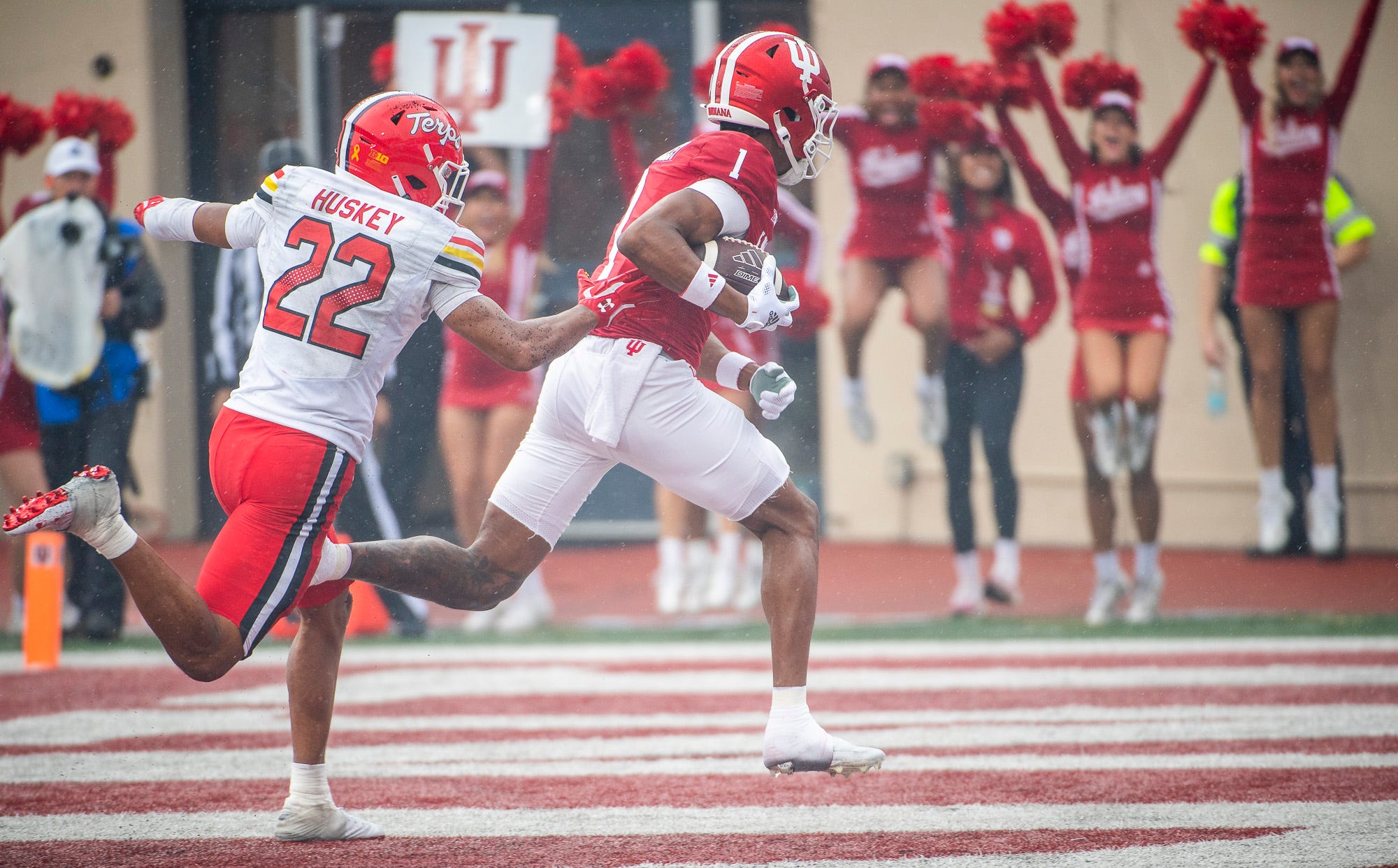 Indiana's Donaven McCulley (1) scores a touchdown during the Indiana versus Maryland football game at Memorial Stadium on Saturday, Sept. 28, 2024.