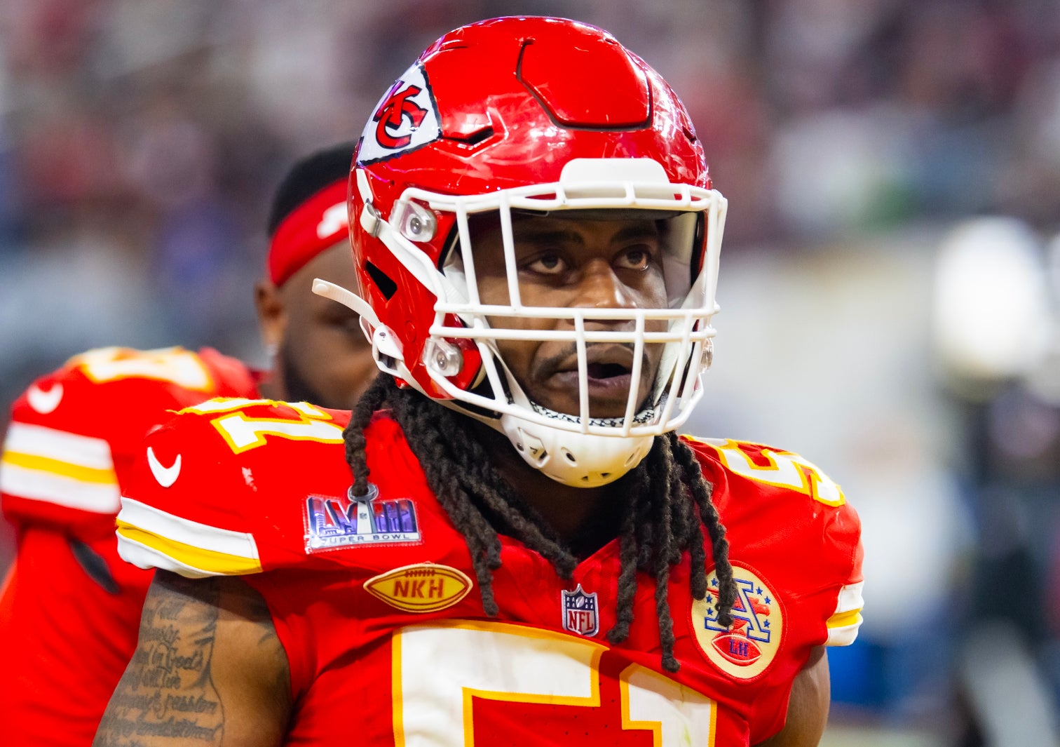 Feb 11, 2024; Paradise, Nevada, USA; Kansas City Chiefs defensive end Mike Danna (51) against the San Francisco 49ers in Super Bowl LVIII at Allegiant Stadium.