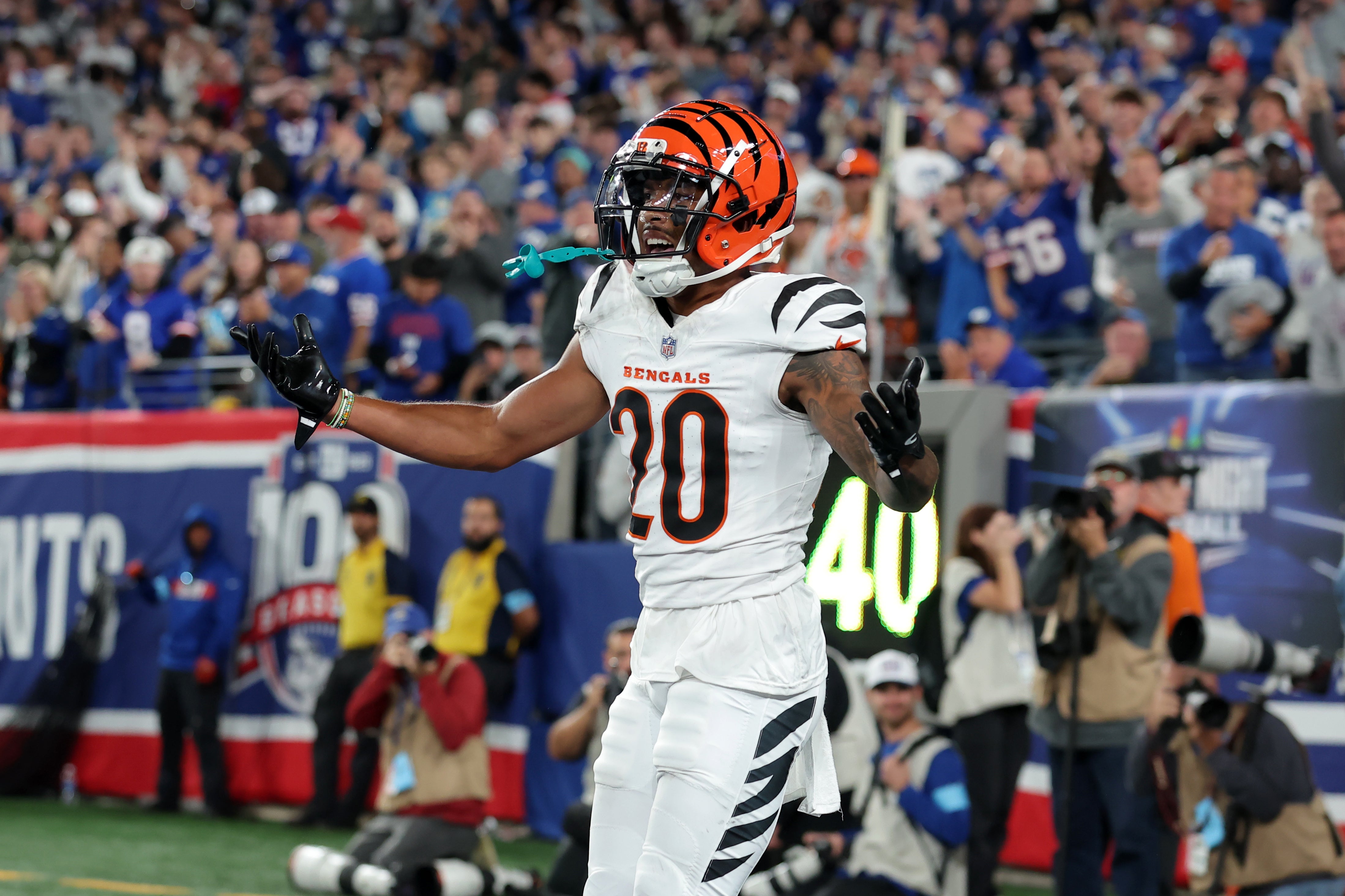 Oct 13, 2024; East Rutherford, New Jersey, USA; Cincinnati Bengals cornerback DJ Turner II (20) react after being called for pass interference during the third quarter against the New York Giants at MetLife Stadium.