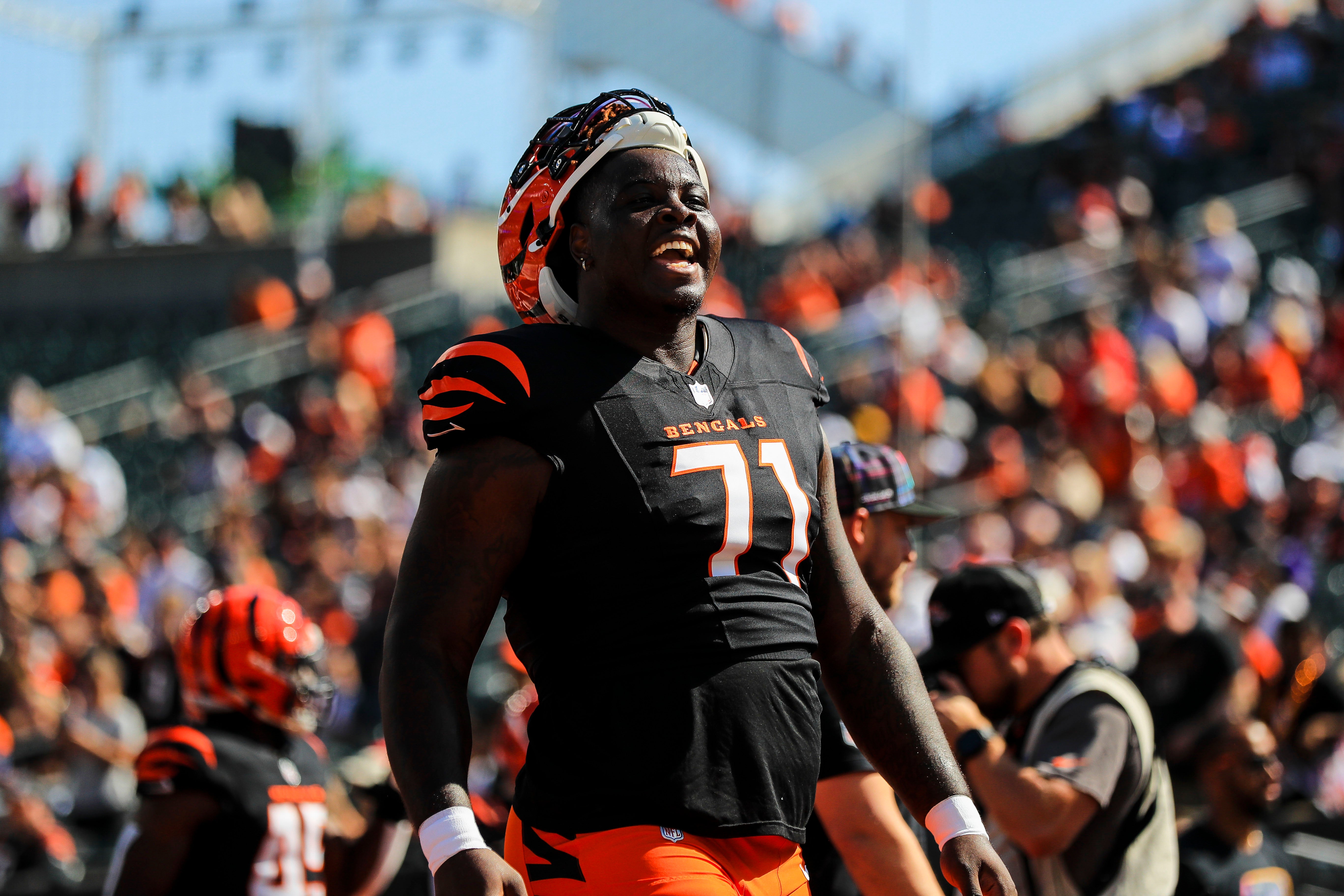 Oct 6, 2024; Cincinnati, Ohio, USA; Cincinnati Bengals offensive tackle Amarius Mims (71) during warmups before the game against the Baltimore Ravens at Paycor Stadium.